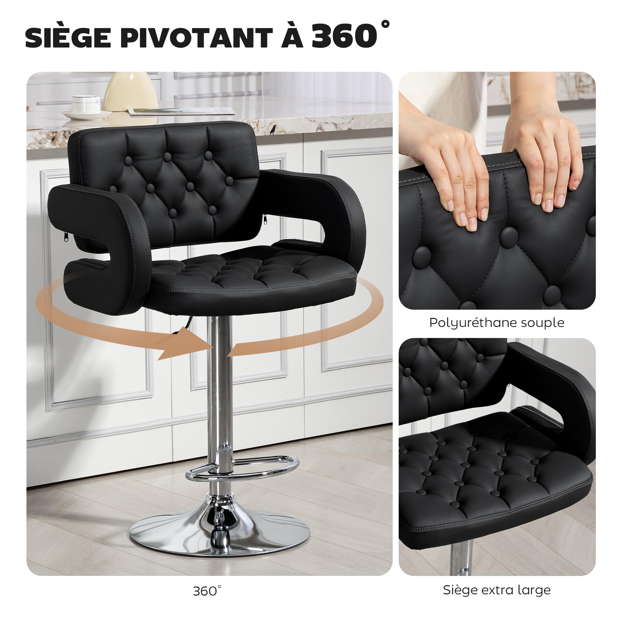 HOMCOM Tabouret de Bar pivotant à 360°, Chaise de Bar réglable en Hauteur avec Dossier rembourrée, Repose-Pieds et accoudoirs, Chaise Haute Cuisine en PU et métal pour Salle à Manger, comptoir, Noir