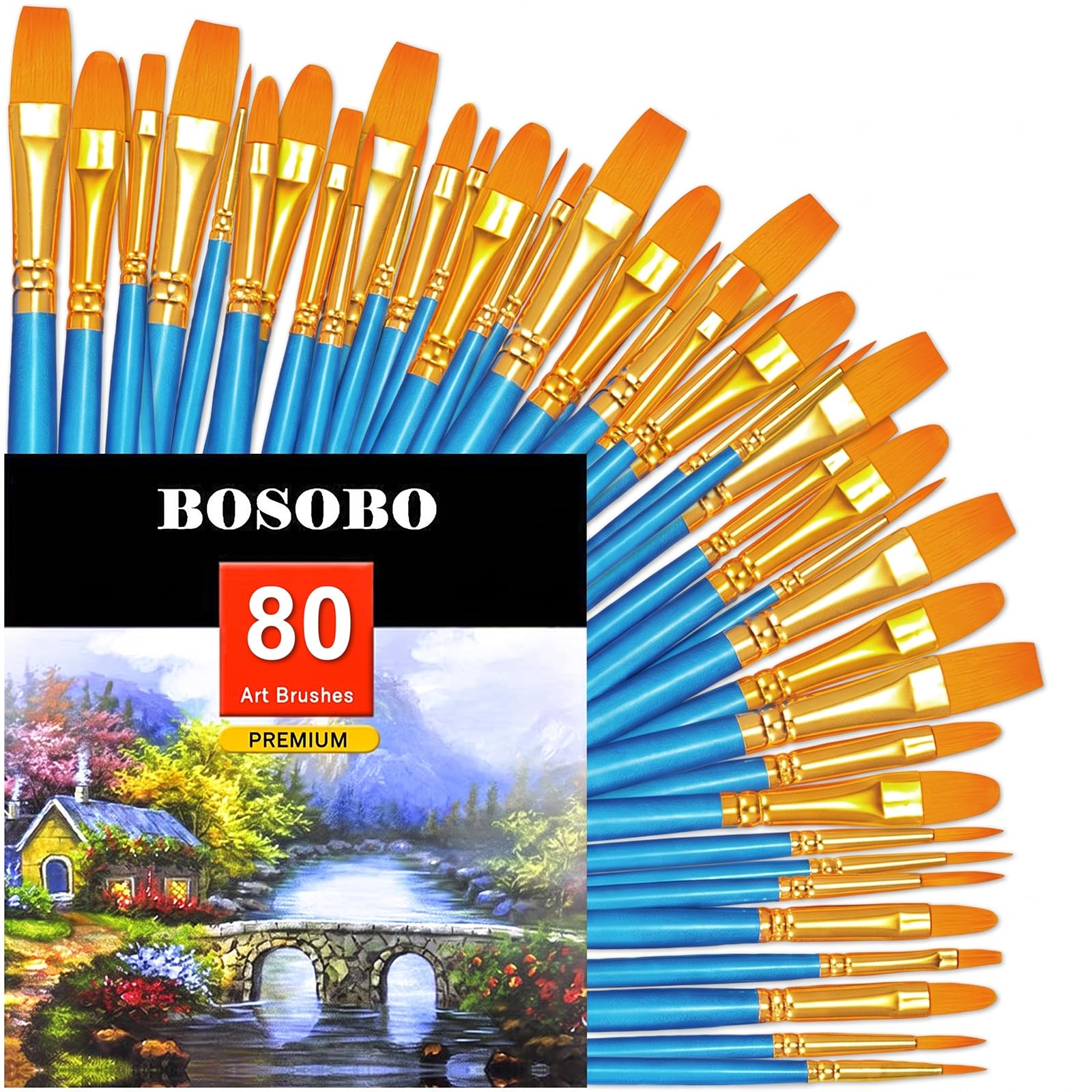 BOSOBO Assorted Nylon Acrylic Artist Paint Brushes Set,Blue,80 Pcs