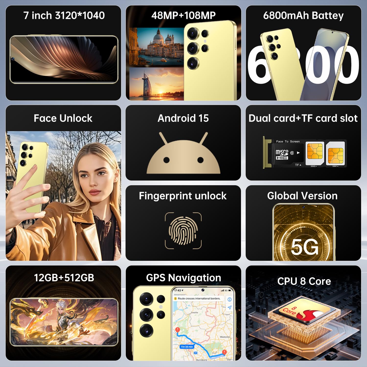 Unlocked Cell Phone S25 Ultra Smartphone 12GB+512GB Android Phone 48MP+108MP Camera 7-inch HD Screen Mobile Phone 5G Dual SIM (Gold)