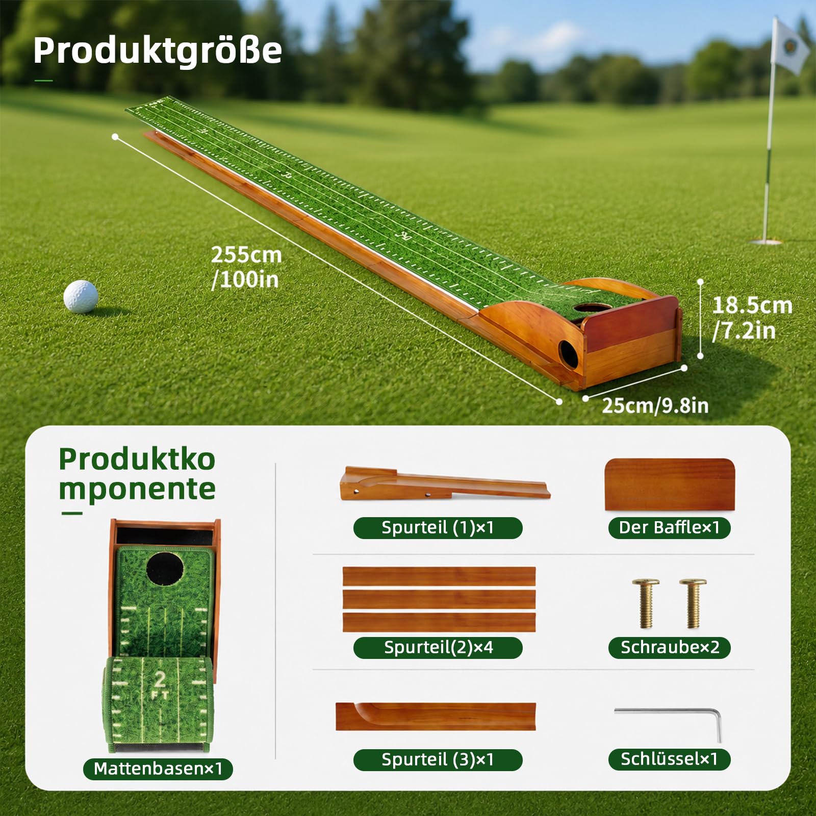 Golf Puttingmatte aus Holz, Minigolf Set für zu Hause, Indoor Putting Green mit Ballrückführung & Anti-Rutsch, 255x25cm Golf Trainingsmatte für Zuhause & Büro
