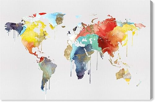 The Oliver Gal Artist Co. Maps - Lienzo decorativo para pared, diseño de acuarela de Mapamundi, decoración del hogar, 15 x 10 pulgadas, amarillo,