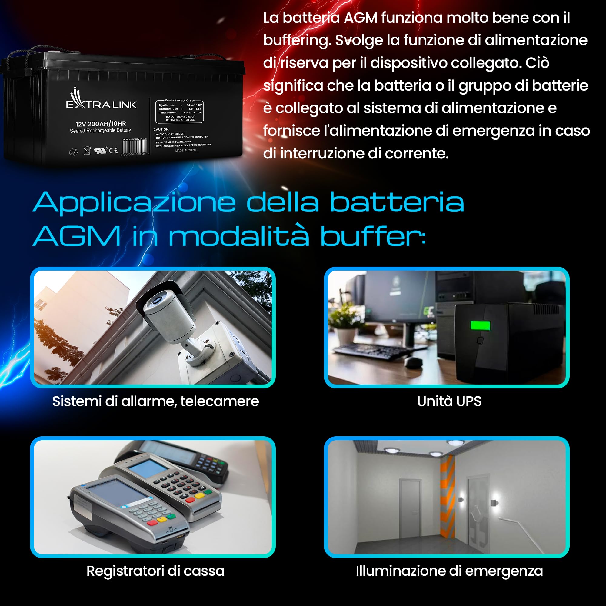 Extralink Batteria AGM 12V 200Ah - senza manutenzione, a prova di perdite, a ciclo profondo - batterie per fotovoltaico, di alimentazione di lunga durata, camper, UPS e alimentatori di emergenza