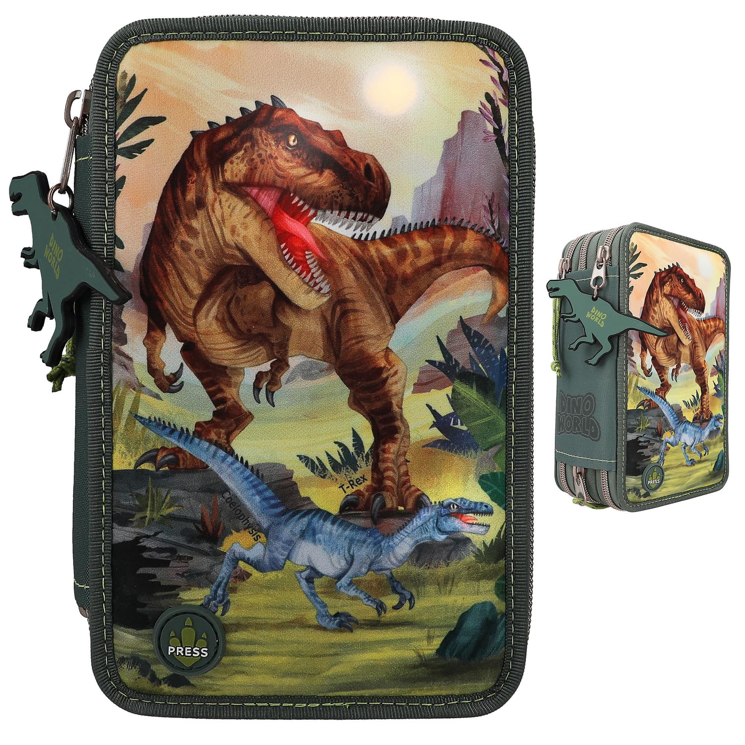 Depesche 11772 Dino World 3 Fach Federtasche LED Landschaft, grün