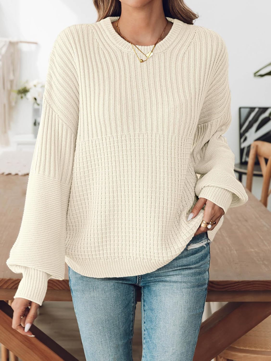 SunnyMelody Womens Oversized Batwing Sleeve Sweater Winter 2025 Trendy Ribbed Waffle Knit Crewneck Pullover Tops - Image 5