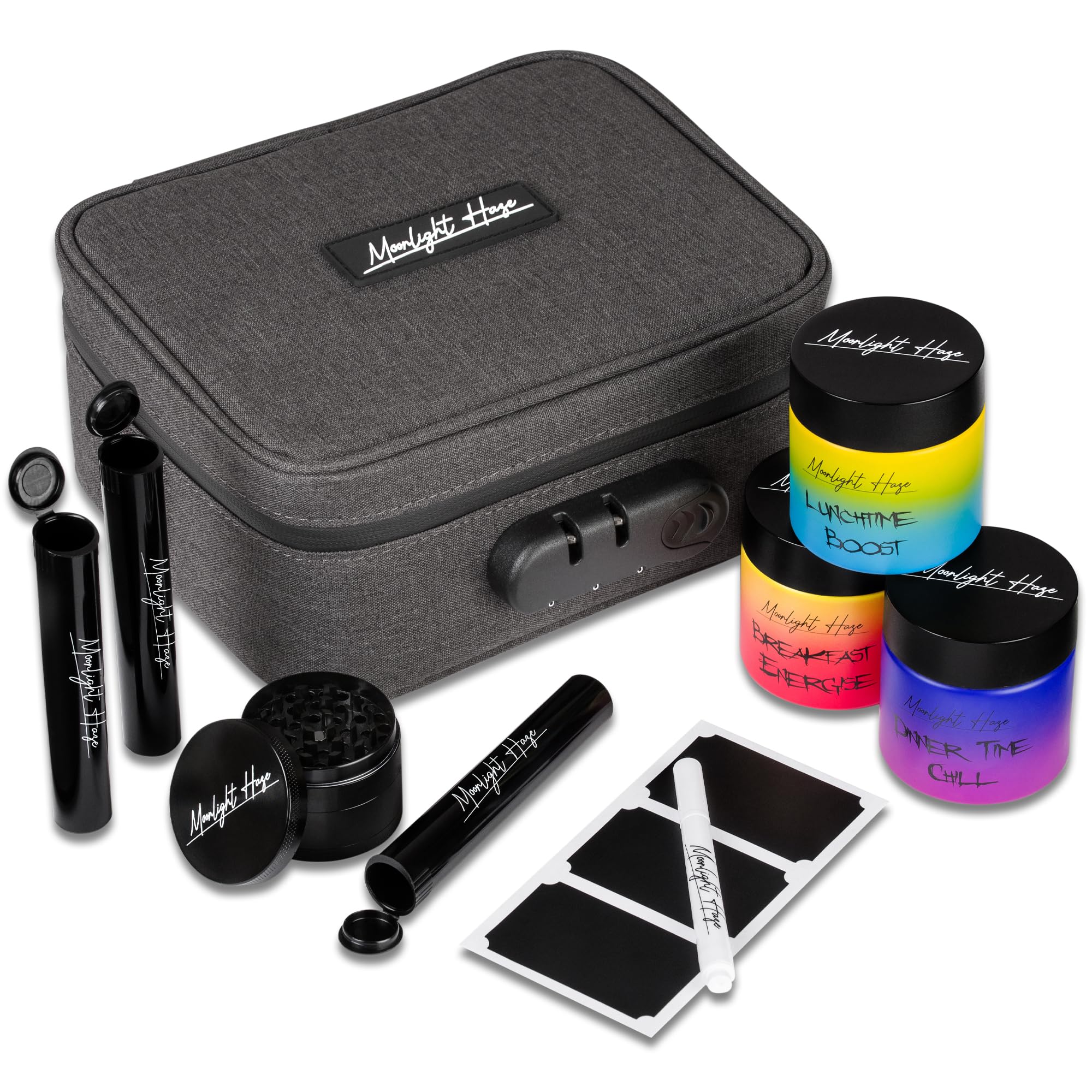 Moonlight Haze Smell Proof Bag – Smell Proof Box Stash Box Gift Set with 3 Smell Proof Containers, Metal Grinder, Integrated Rolling Tray, 3 Doob Tubes, and Stash Jars – Gifts for Men & Women