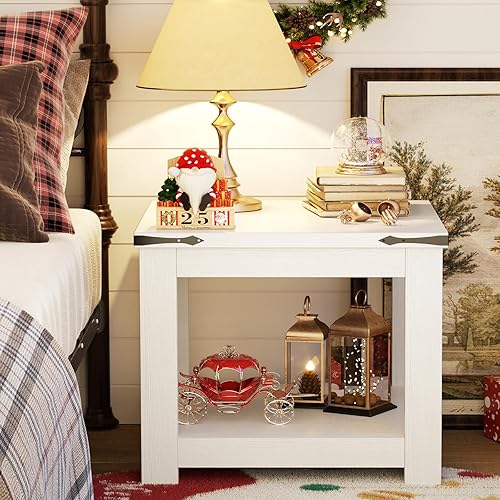 Miniatura 4 de Homieasy Mesa auxiliar, mesa auxiliar cuadrada de 20 pulgadas, mesa auxiliar de madera estilo granja con estante de almacenamiento, mesita de noche
