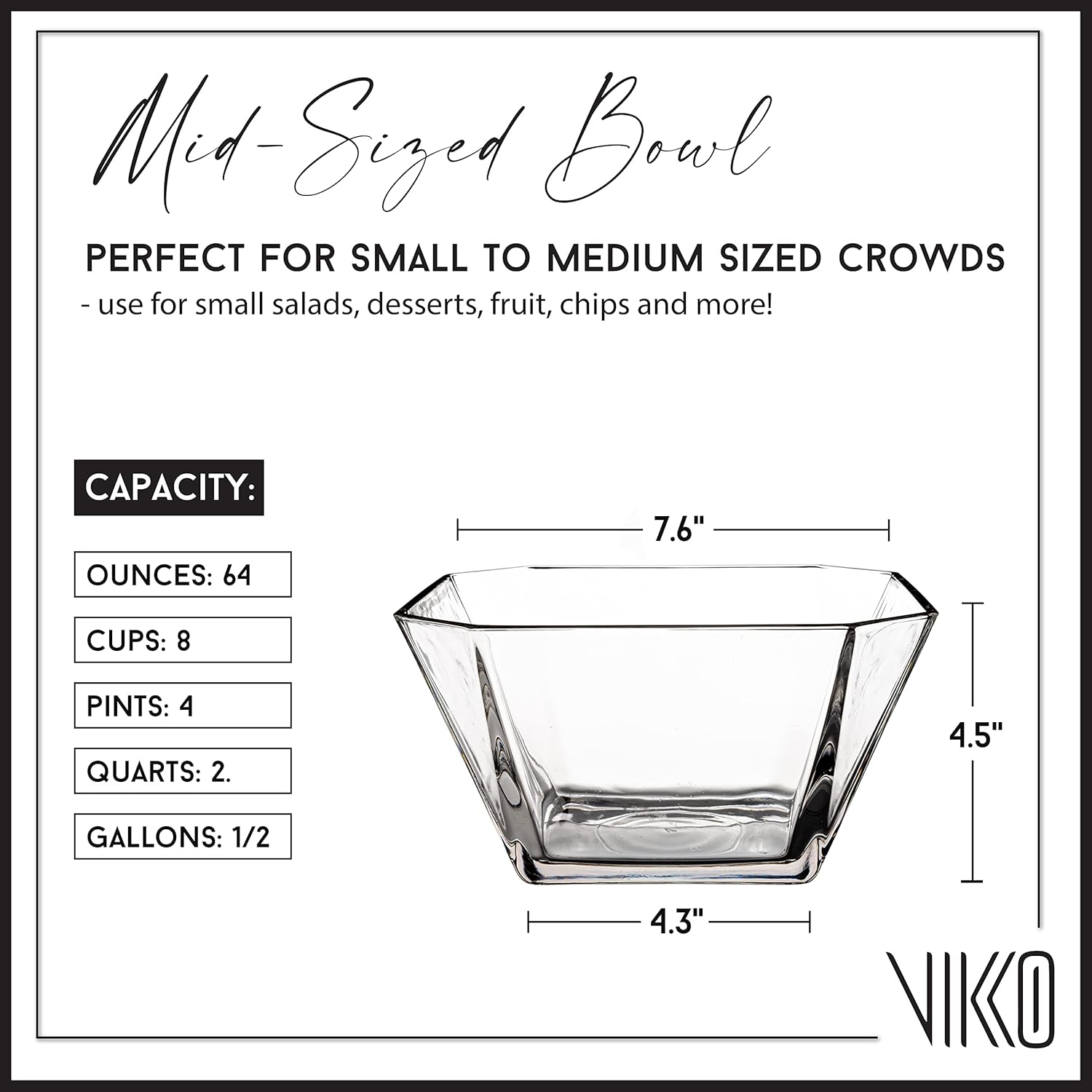 Vikko Glass Salad Bowls, Thick Glass Square Bowls for Snacks, Serving, and Entertaining, 64 Oz Decorative Fruit Bowl, 2 Quart, Geometric Square Bowl