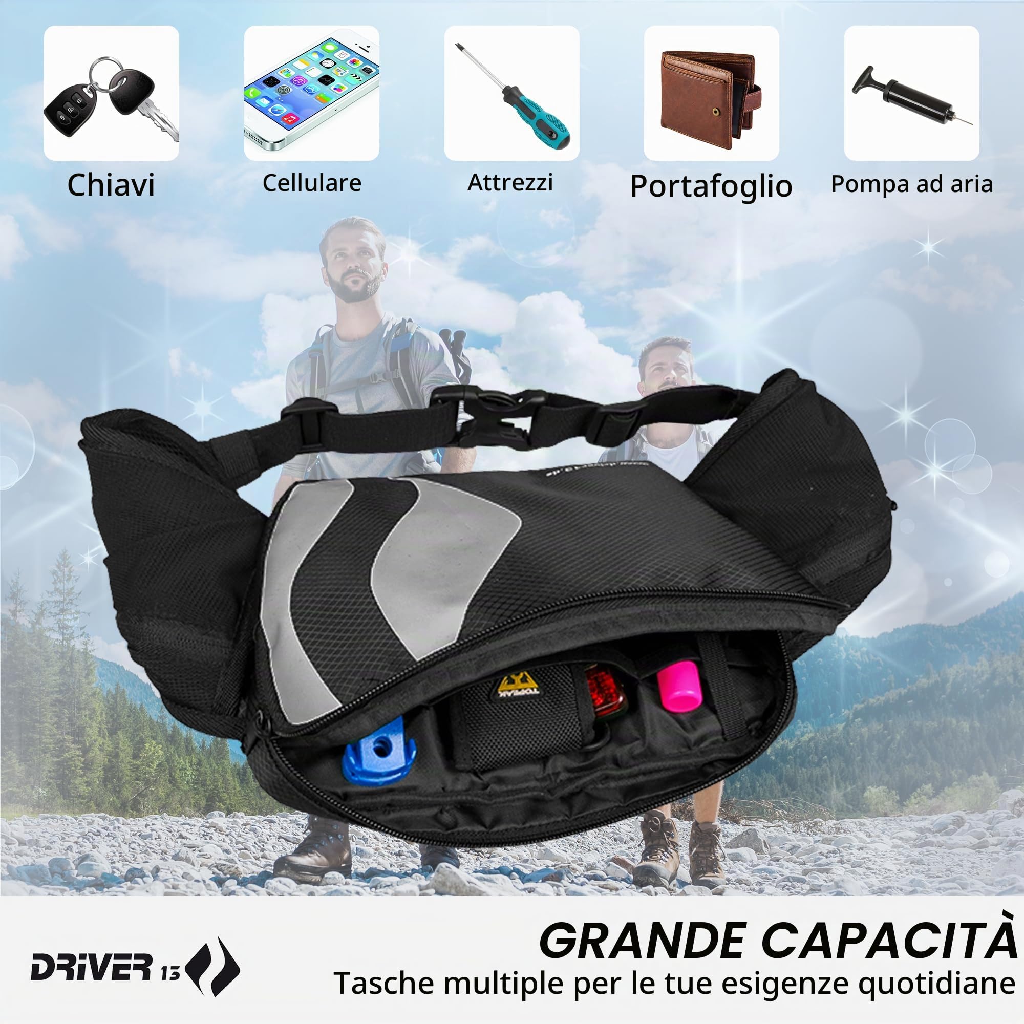 Driver13 Hipo Pack marsupio 3 L, marsupio per bici, trekking e trail, tasche interne, clip portachiavi, nero