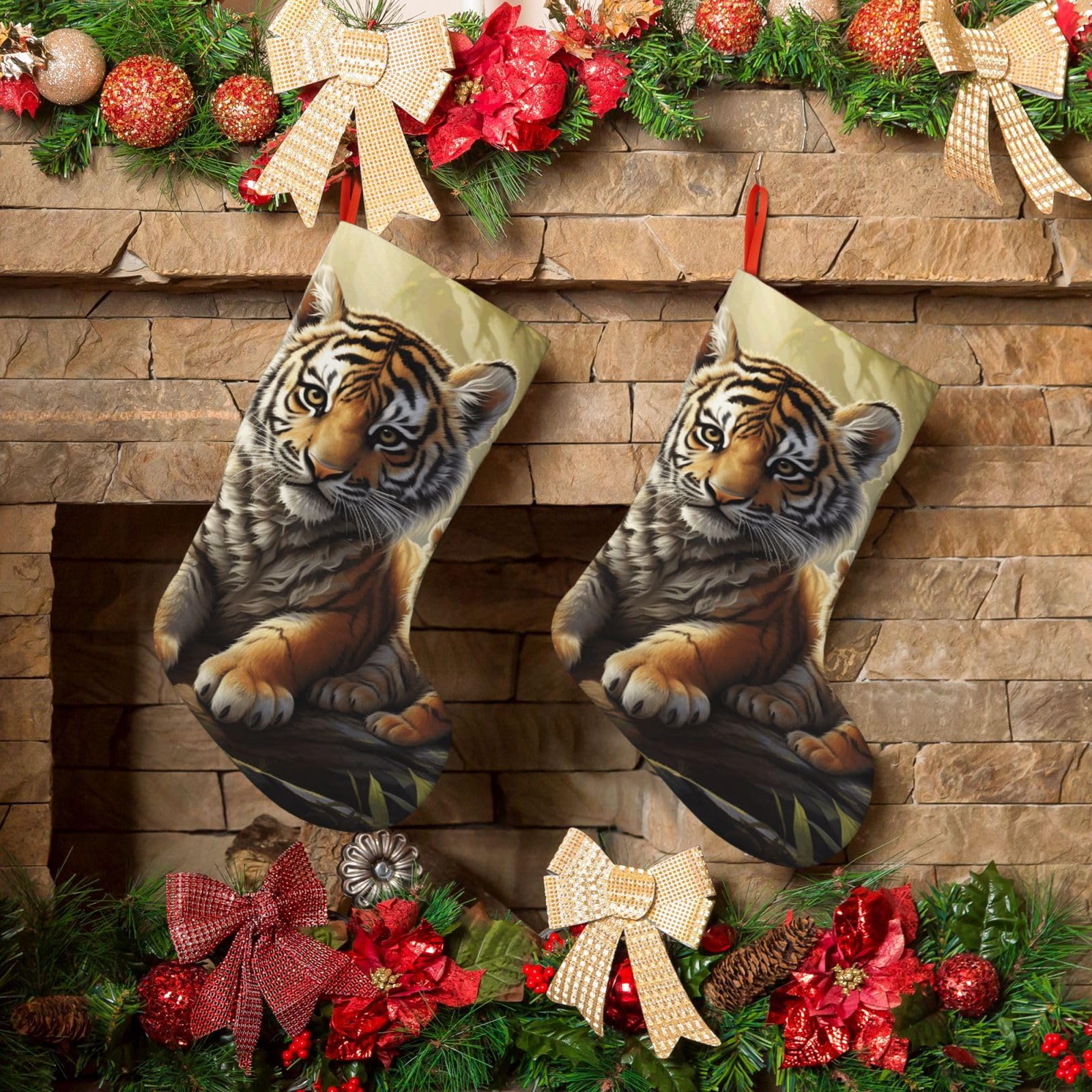 KLOPH Christmas Stockings 18" Personalized Xmas Stocking Jungle Tigers Cub Decoration Stocking Hanging Fireplace Stocking for Holiday Xmas Tree Christmas Fireplace Decor