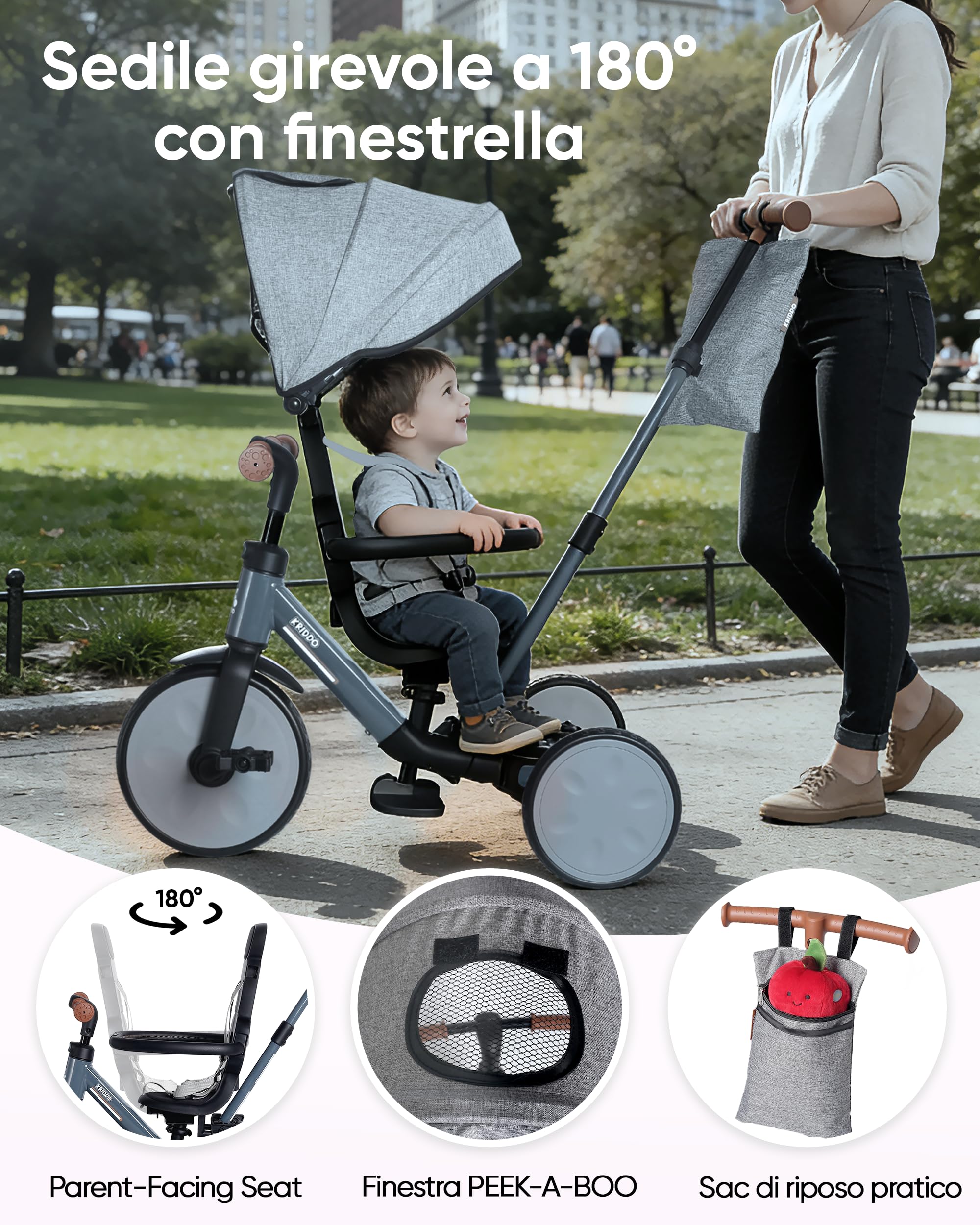 KRIDDO Triciclo evolutivo 8 in 1 per bambini 18 mesi-5 anni, Triciclo passeggino con maniglione, triciclo e bici senza pedali, cintura a 5 punti, cappottina pieghevole e borsa portaoggetti, Grigio