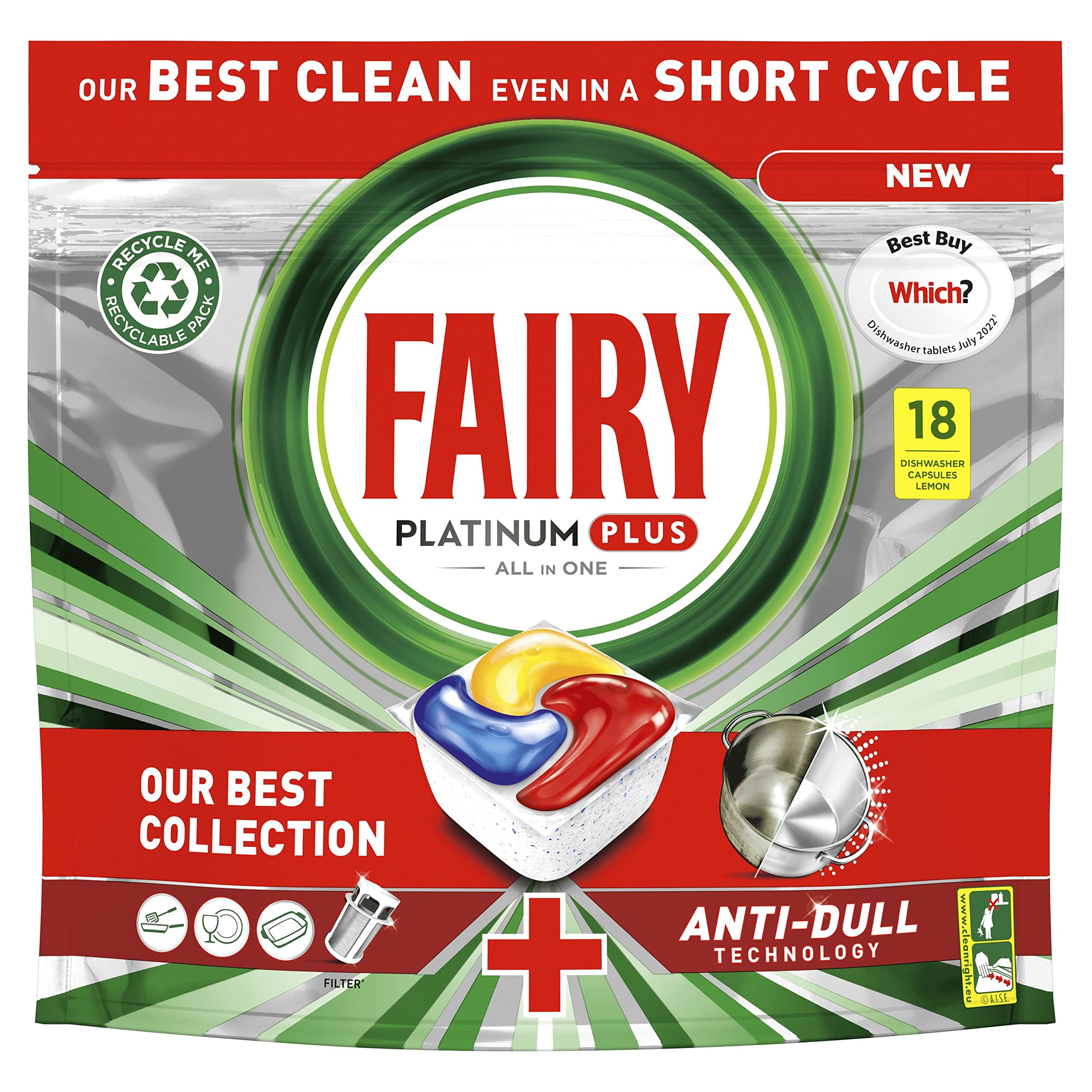 Fairy Platinum Plus All in One Dishwasher Tablets, Lemon, 18 Tablets, Our Best Cleaning for a Clean Like New, Removes Dullness & Prevents Limescale