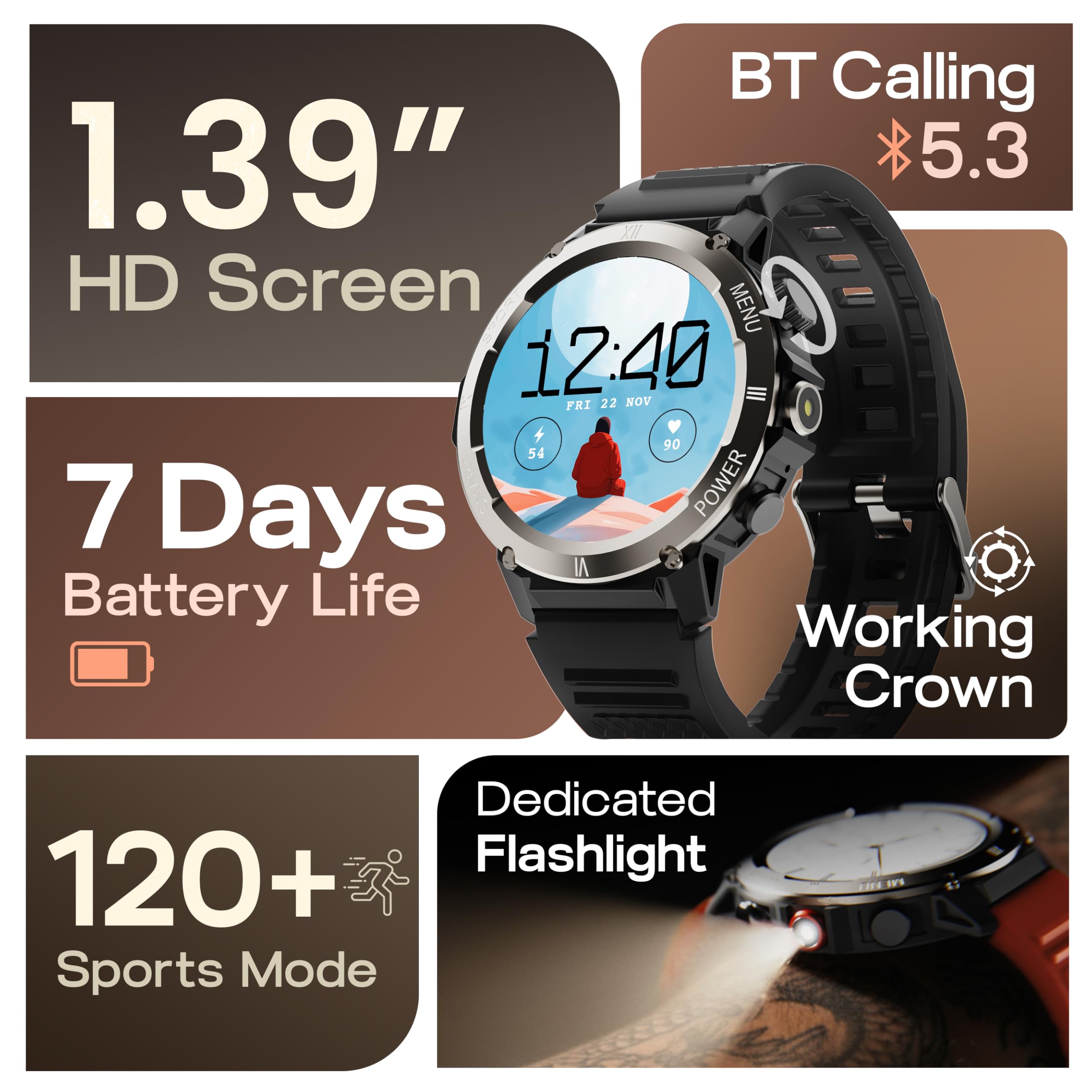 GOBOULT Newly Launched Tuff Hawk Smart Watch 1.39'' HD Display, BT Calling, Working Crown, 150+Watchfaces, 450 Nits Brightness, AI Voice Assistant, SpO2 Monitoring (Green) (Black) — Amazon image 2
