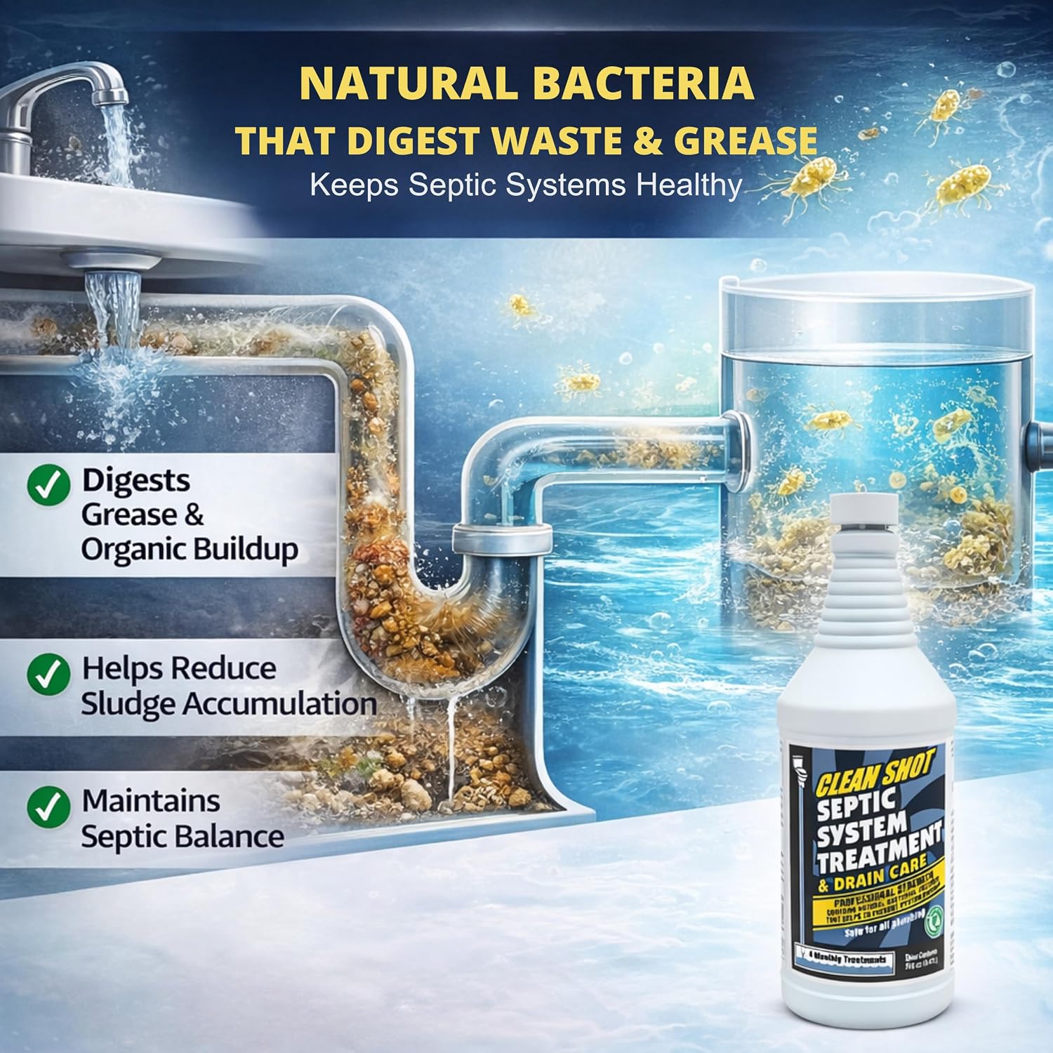 Clean Shot Septic System Treatment & Drain Care, Natural Enzymes, 16 oz