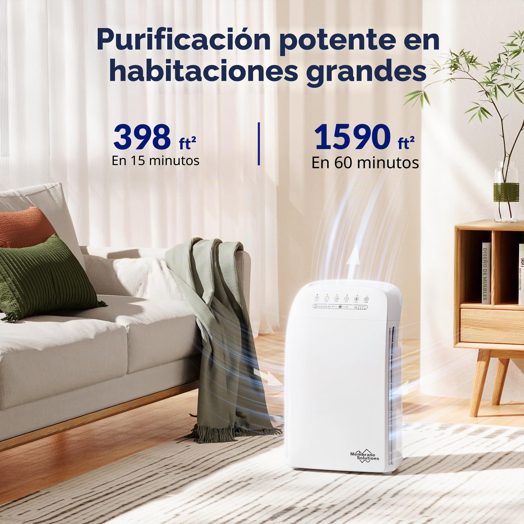 Membrane Solutions MSA3 Purificador de Aire con Filtro HEPA, para Espacio Grande hasta 147 m², Silencioso 22dB, Air Purifier para Alérgicos, Elimina 99,97% de Alergia, Polen, Polvo,Humo, Olores