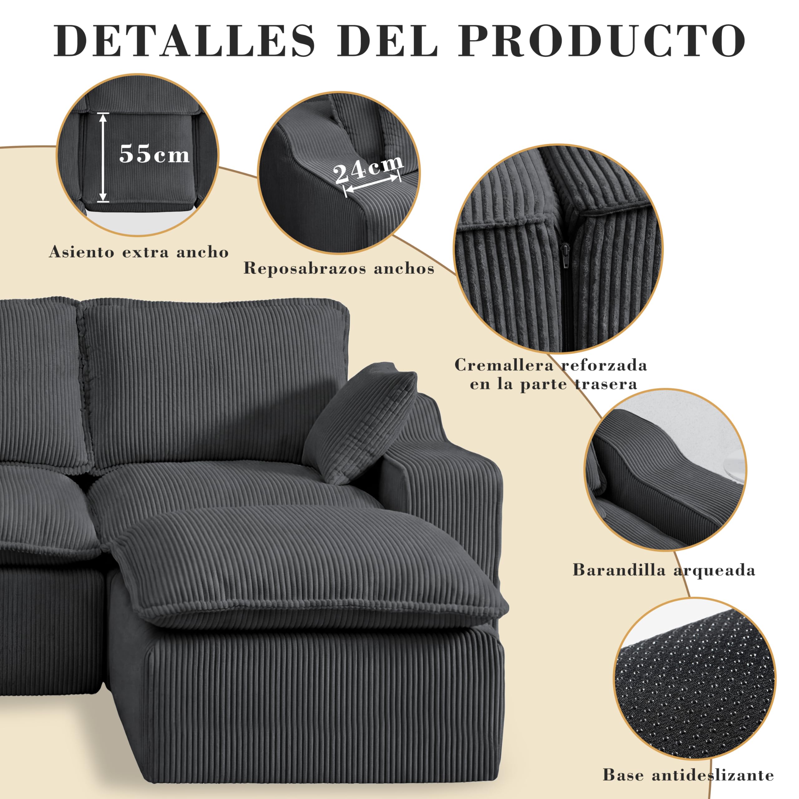 Vipbear Sofá Cama de 4 Plazas de 273 cm, Sofá de Salón en Forma de L, con Otomana Extraíble, Tapizado en Pana, Asiento Profundo y Chaise Longue, No Requiere Montaje, Gris