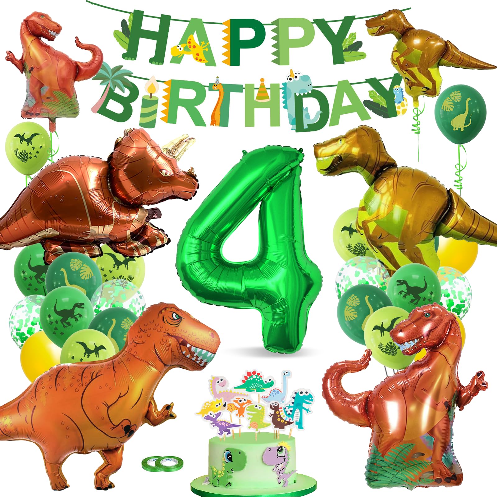 Décorations D'anniversaire Dinosaure 4 Ans – Ballons Numéro 4, Dinosaures En Alu, Déco De Gâteau – Kit Complet Pour Fête D'enfant