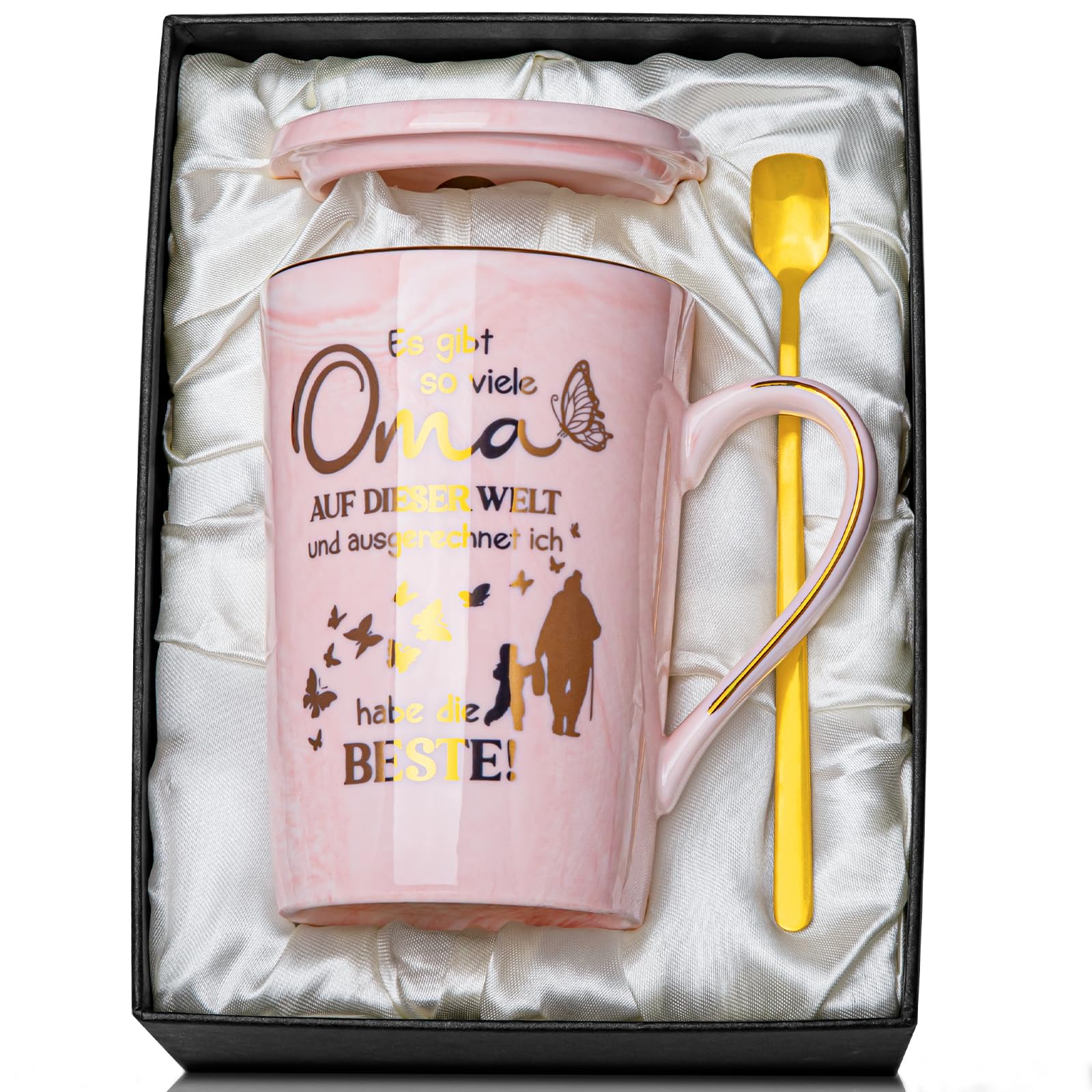 Biching Oma Geschenk - Oma Geburtstag Muttertag Geburtstagsgeschenk - 400 ml Rosa Kaffeetasse aus Marmor mit Goldfarbenem Muster in Exquisiter Geschenkbox