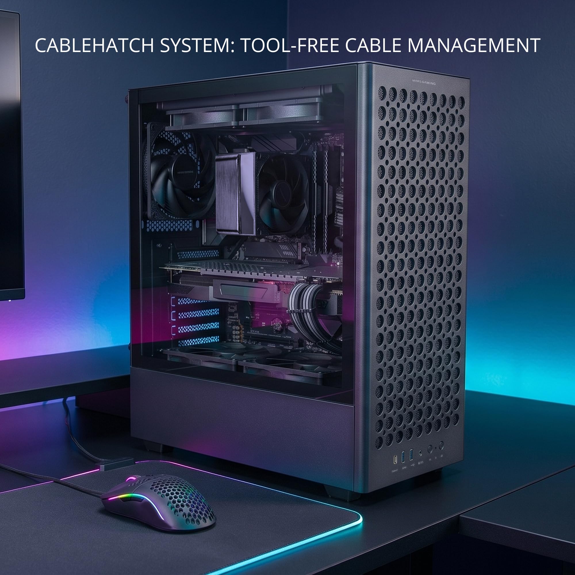 Mars Gaming MC-T800, Caja Gaming ATX, 4X Ventiladores FDB 120mm Ultrasilenciosos, Panel Frontal Airdot Mesh, Ventana Lateral de Cristal Templado, Semitorre PC con Sistema CableHatch, USB-C, Negro