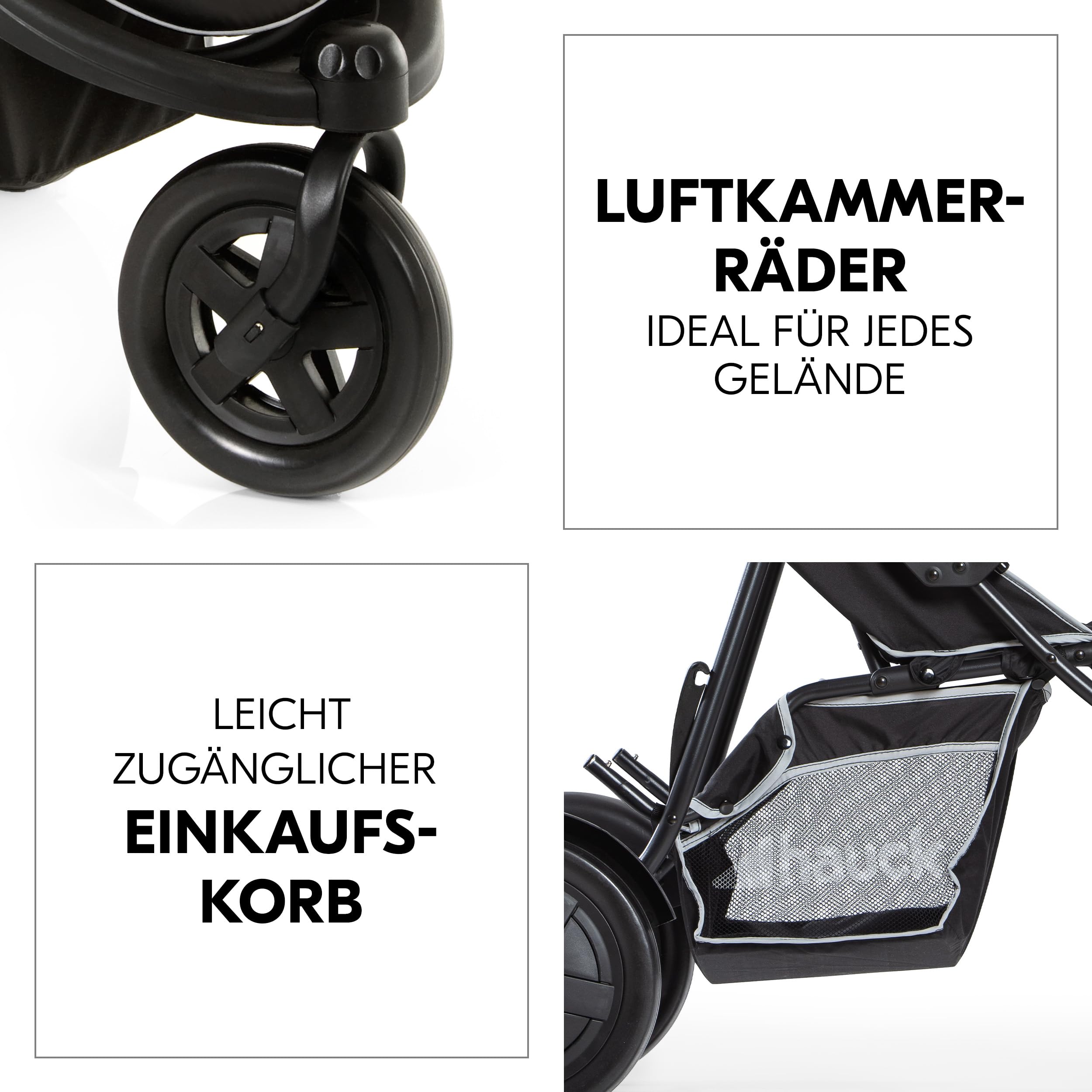 Hauck Freerider Black Dreirad Geschwisterbuggy Kinderwagen für 2 Kinder mit Regenschutz, oberer Sitz ab Geburt Liegeposition, abnehmbarer Zweitsitz ab 6 Monaten