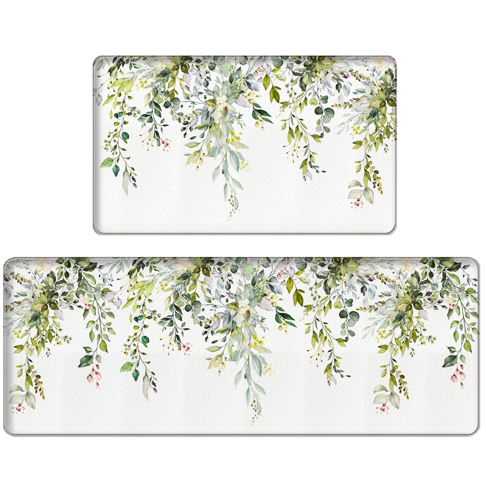 Bulijojo Green Eucalyptus Anti Fatigue Kitchen Floor Mats Set of 2 Waterproof Kitchen Sink Runner Rug Standing Mat Cushioned Kitchen Rugs Comfort