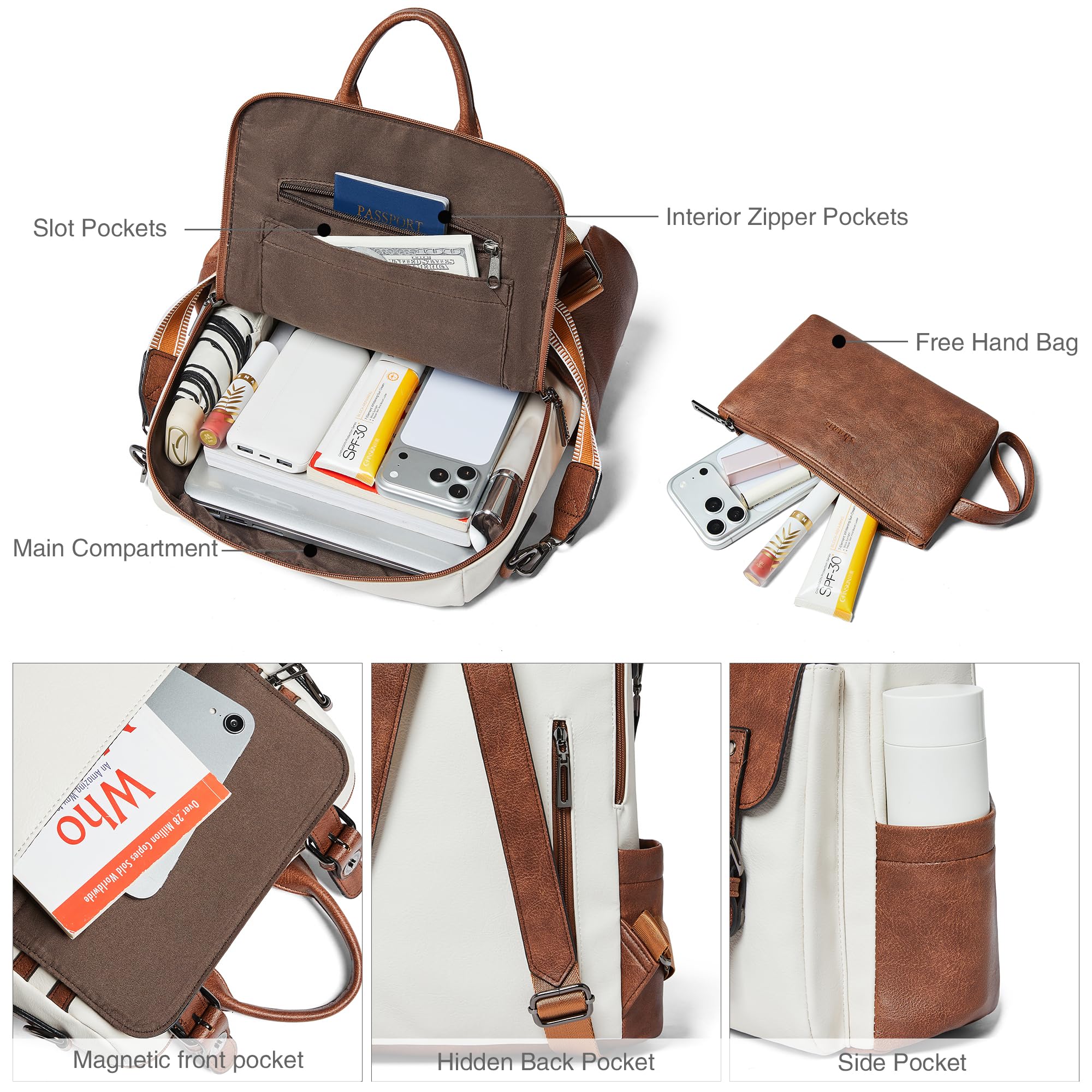 Shirre Beige mit braunem Rucksack Handtasche für Frauen kleine Leder Mode Designer Handtasche Rucksack wasserdicht verurteilt Schultergurte Rucksack Reise Laptop Tasche für Business & College
