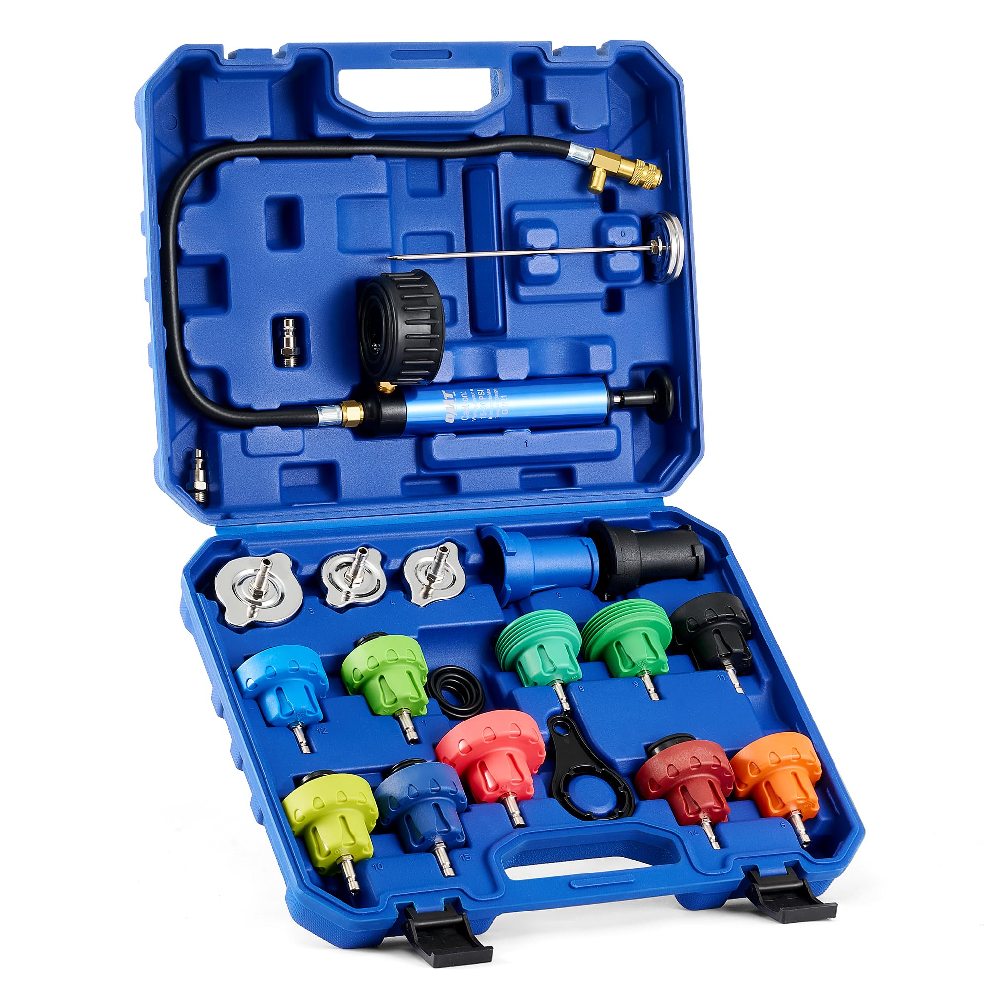 Orion Motor Tech 19 Piezas Kit de Prueba de Presión del Refrigerante con 15 Adaptadores y Llave Kit de Prueba de Presión para el Sistema de Refrigeración con Bomba de Vacío y Termómetro con Sonda