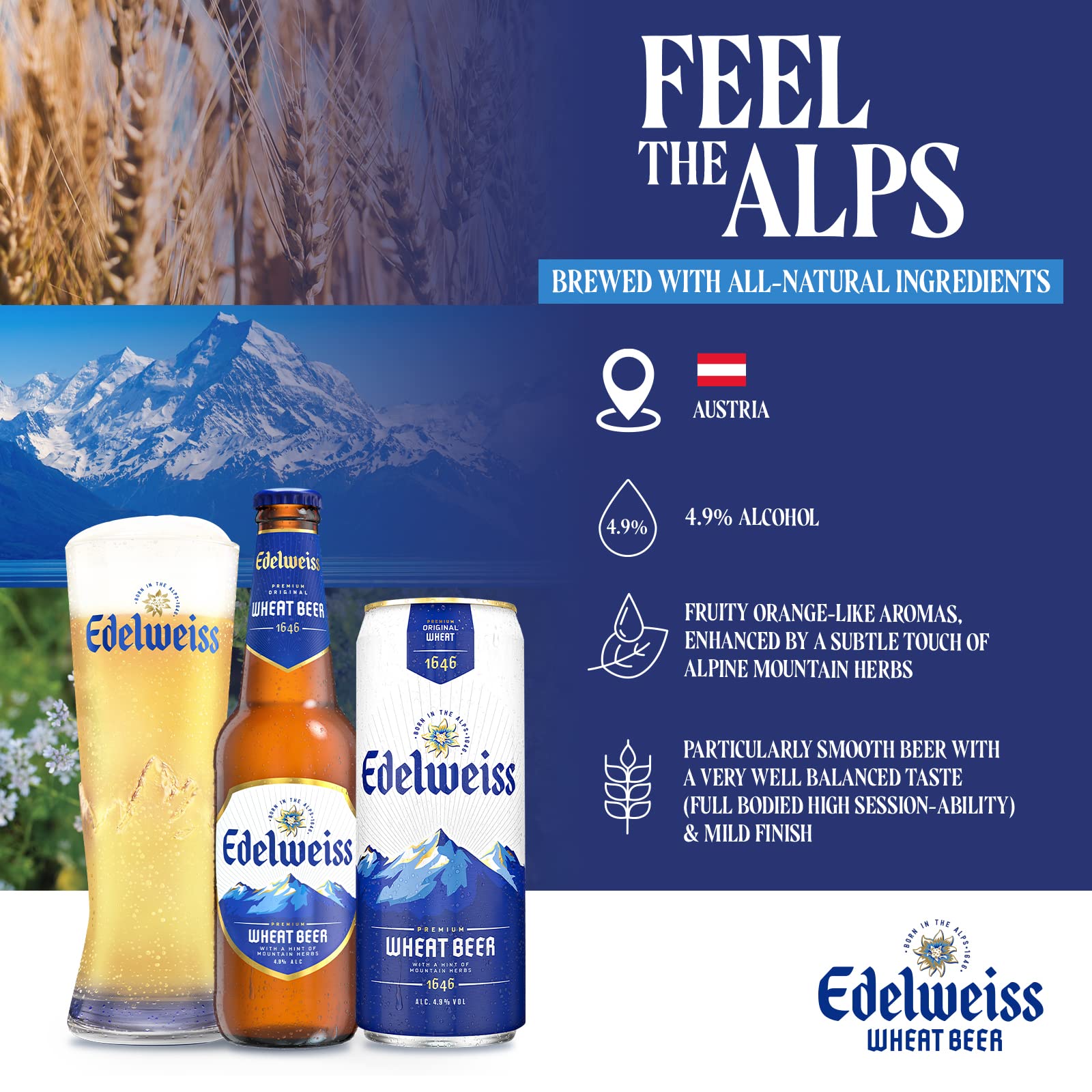 Edelweiss Weissbier Wheat Beer Can 330ml (Pack Of 4
