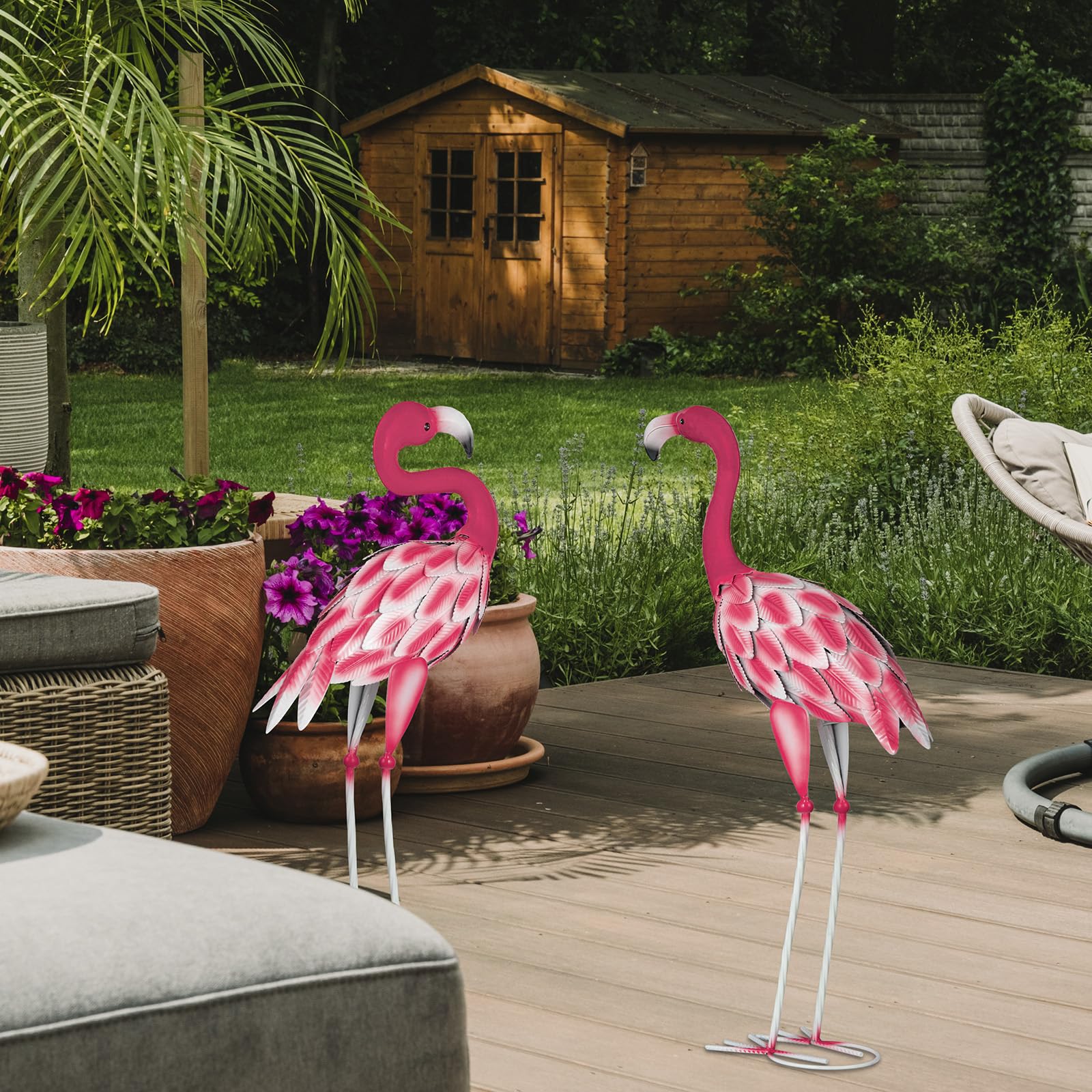 Lot de 2 statues d'art flamant rose en métal - Sculptures de jardin pour l'extérieur, maison, terrasse, pelouse, arrière-cour