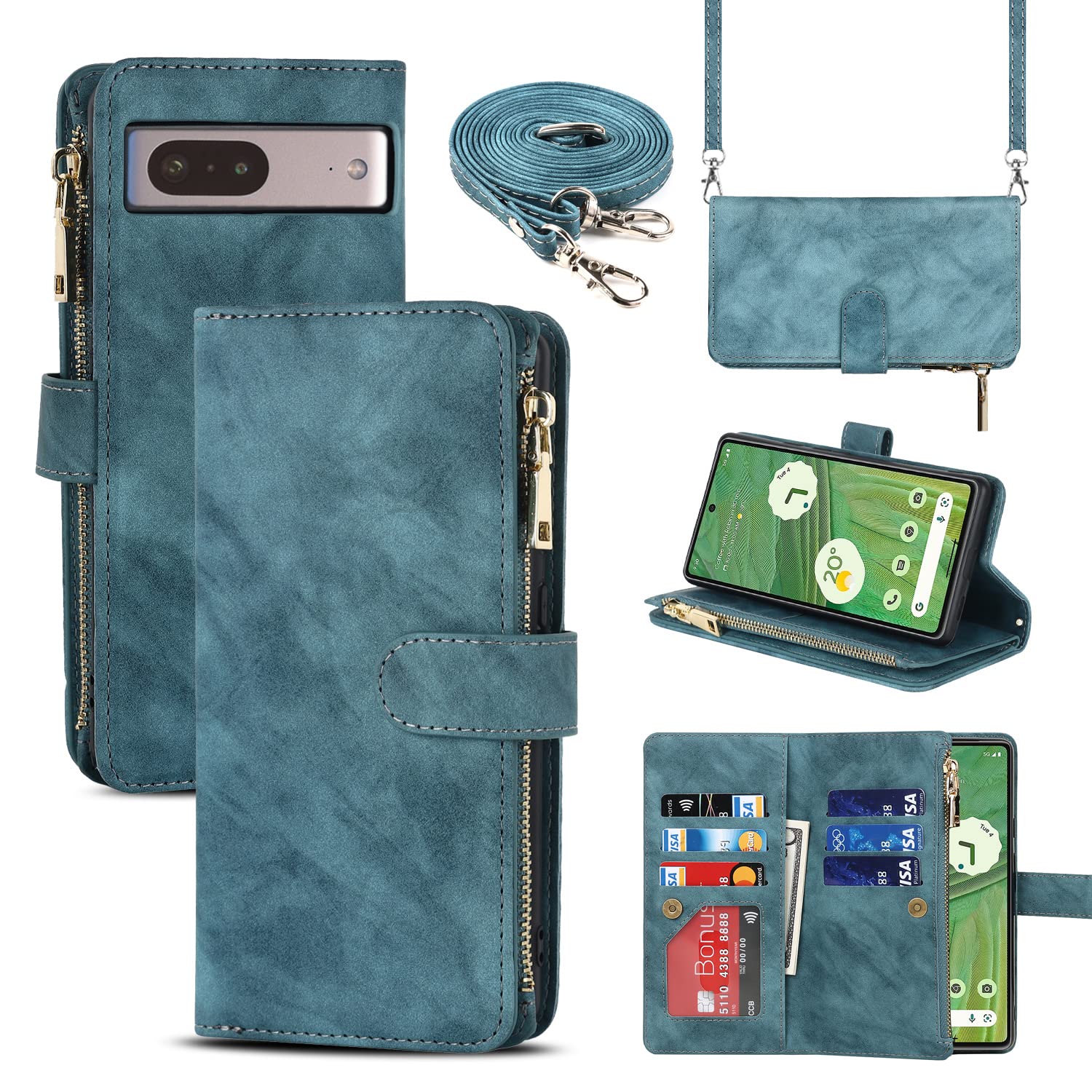 Coque Google Pixel 7 cordon amovible - Étui portefeuille cuir bleu clair - 7
