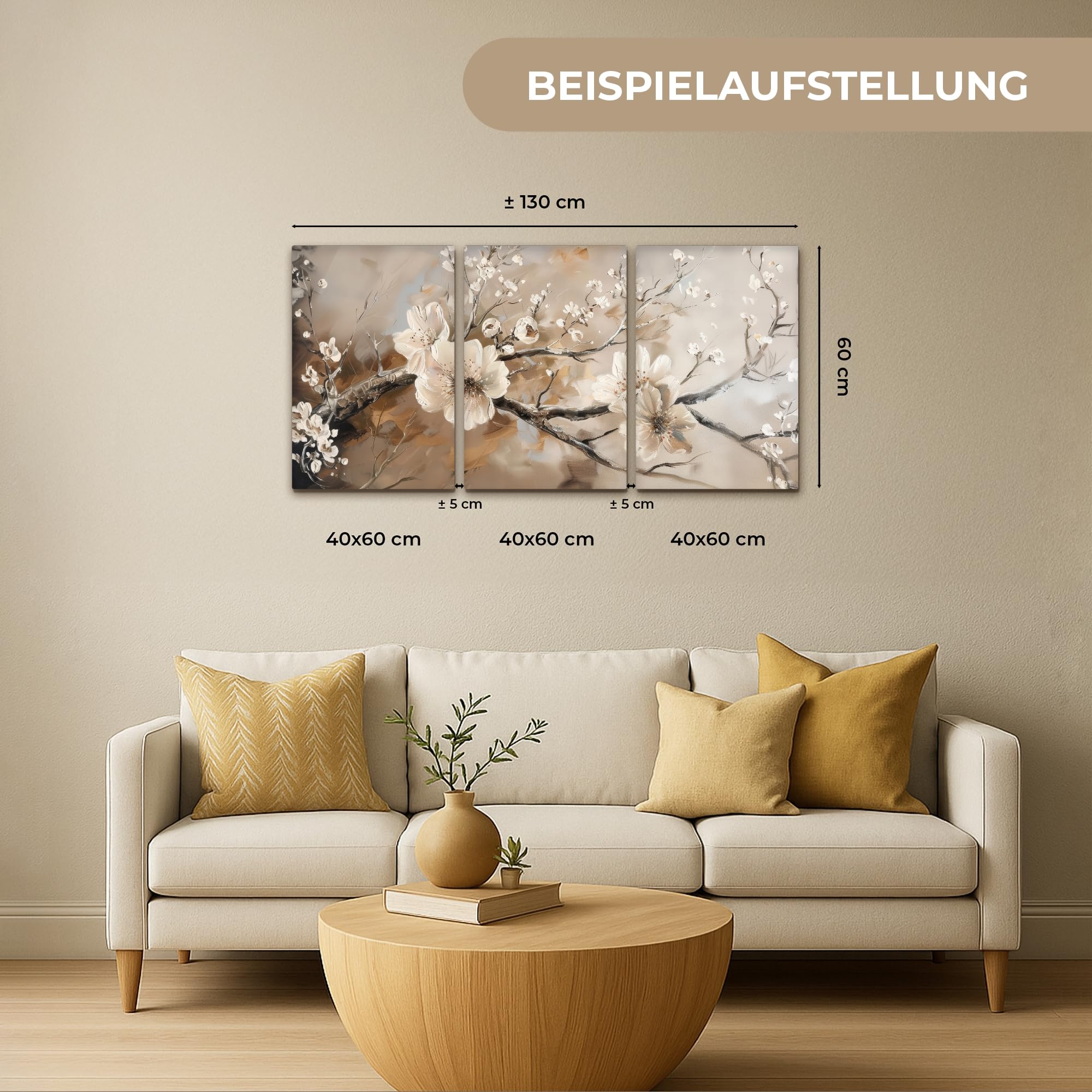 MuchoWow© Wandbilder 3er Set 120x60 cm Wohnzimmer Wanddeko Schlafzimmer Zimmerdeko Wandgemälde Zimmer Deko auf Wand Dekoration Leinwände Blüte - Beige - Abstrakt - Blumen