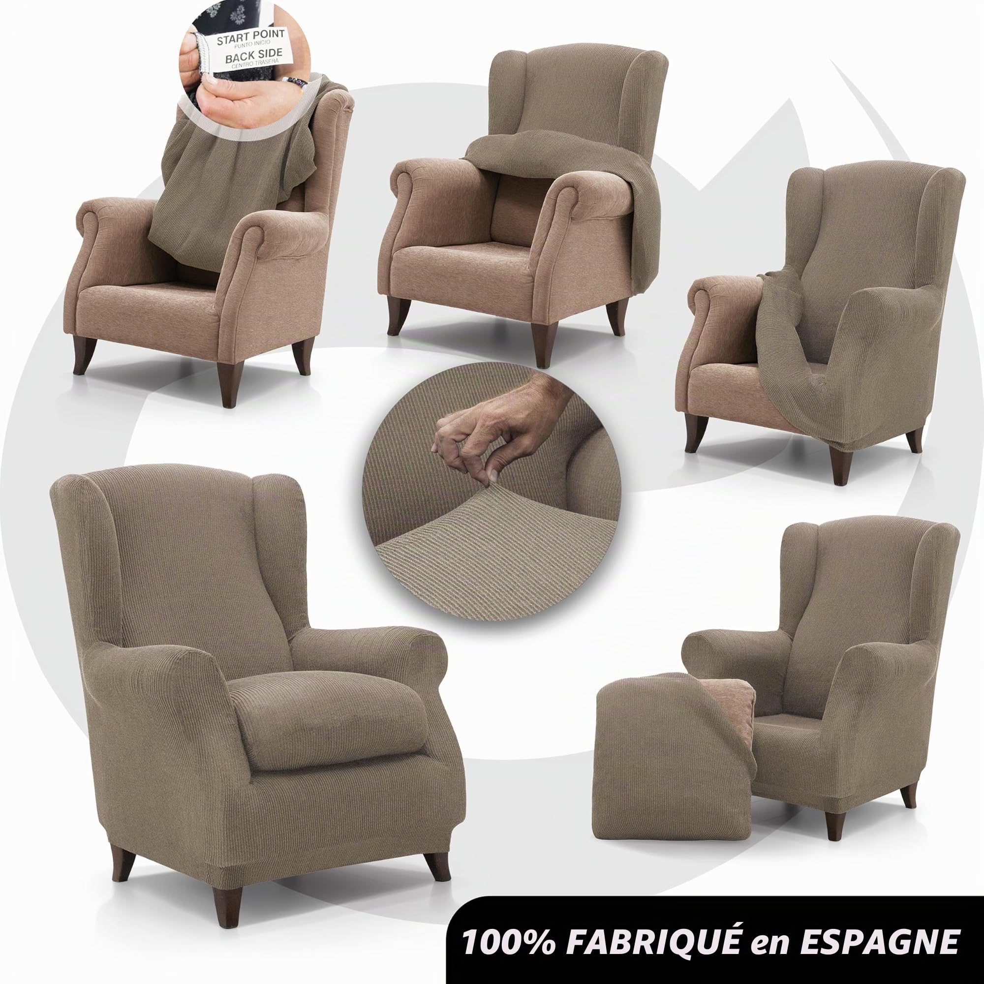 FAVERTI® Housse de Fauteuil à Oreilles élastique de 70 à 100 cm | Modèle Reale | Lin | Housse réglable pour Fauteuil à Oreilles Universelle | Protecteur de qualité en Tissu Jacquard Toucher Coton