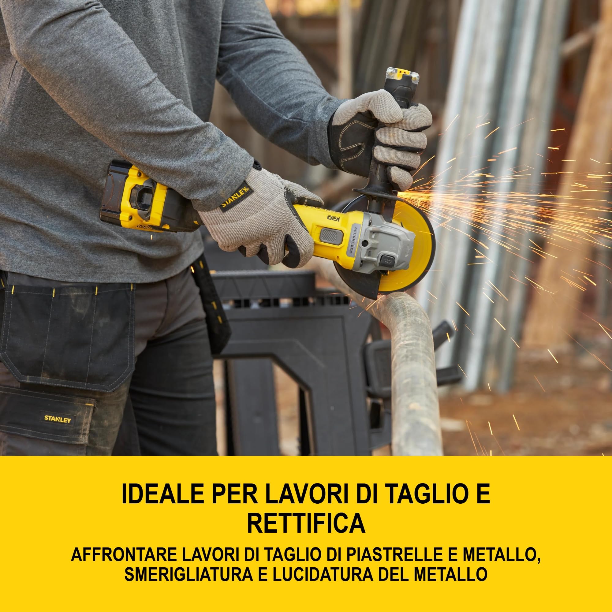 STANLEY FATMAX V20, smerigliatrice angolare Brushless da 125 mm, include batteria agli ioni di litio da 4,0 Ah, caricatore da 2 A e custodia PRO-STACK, 18 V, SFMCG710M1T-QW