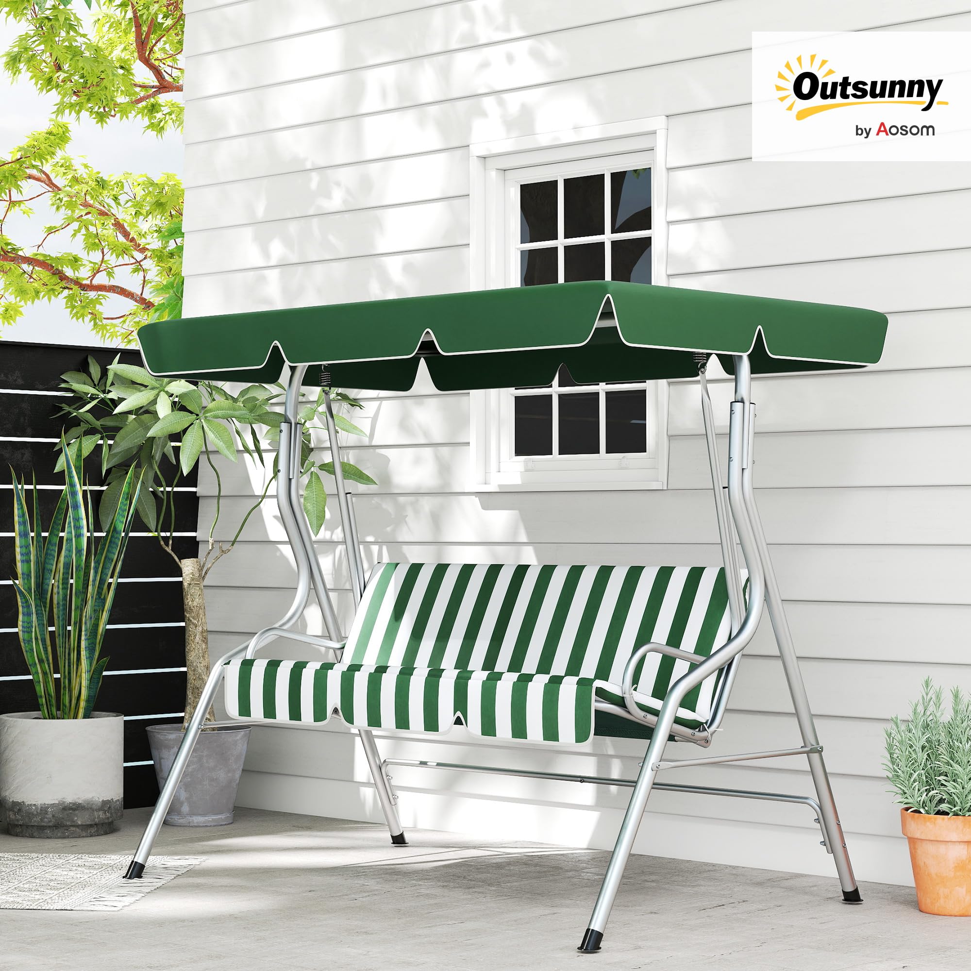 Outsunny Balancelle de Jardin 3 Places, balançoire extérieure Toit Inclinaison réglable, Motif à Rayures, avec Coussins Assise et Dossier, 1,7 x 1,1 x 1,53 m, métal Polyester, Vert