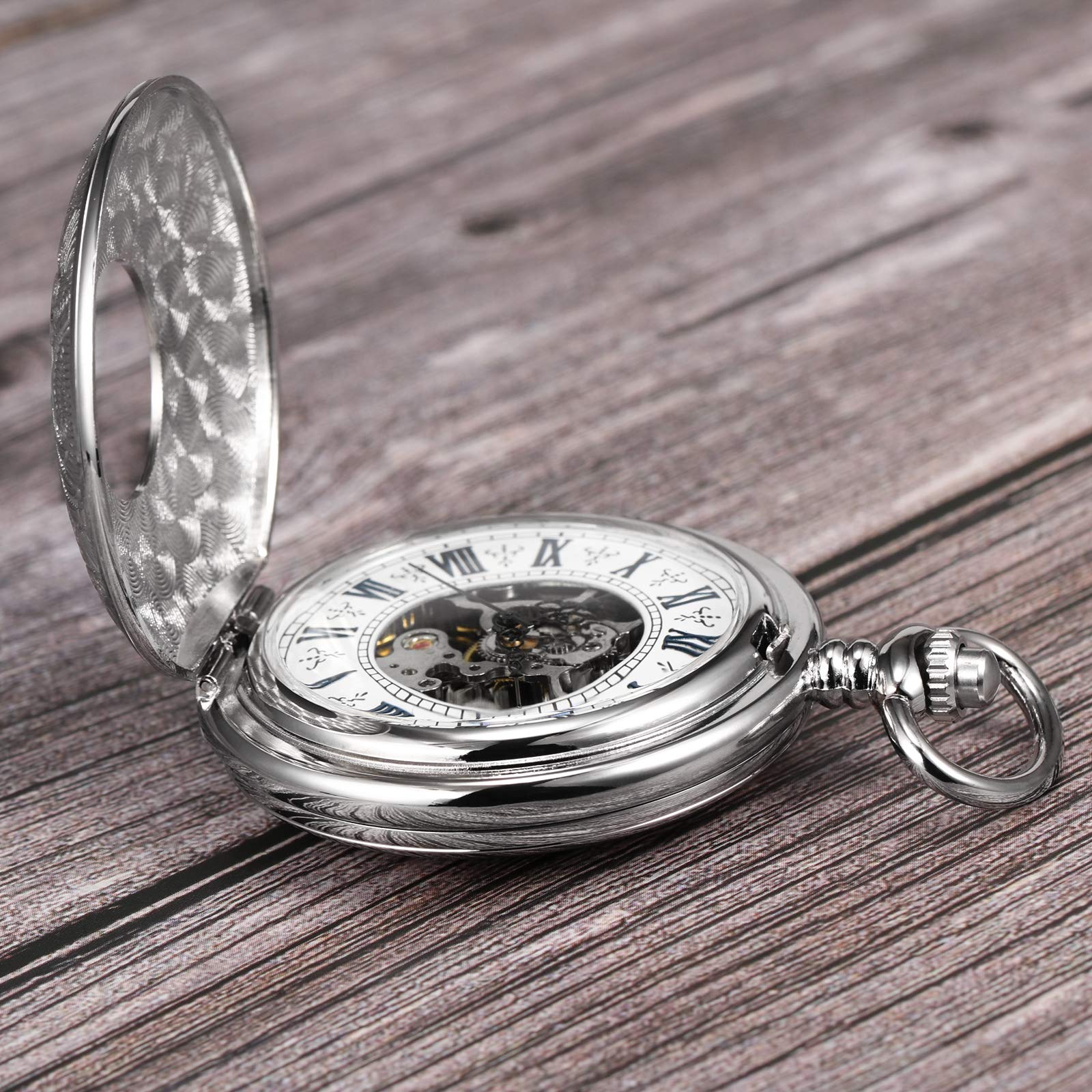 TREEWETO Taschenuhr mit Kette Herren Analog Handaufzug Doppelscharnier Antik Skelett Römische Ziffern Silber