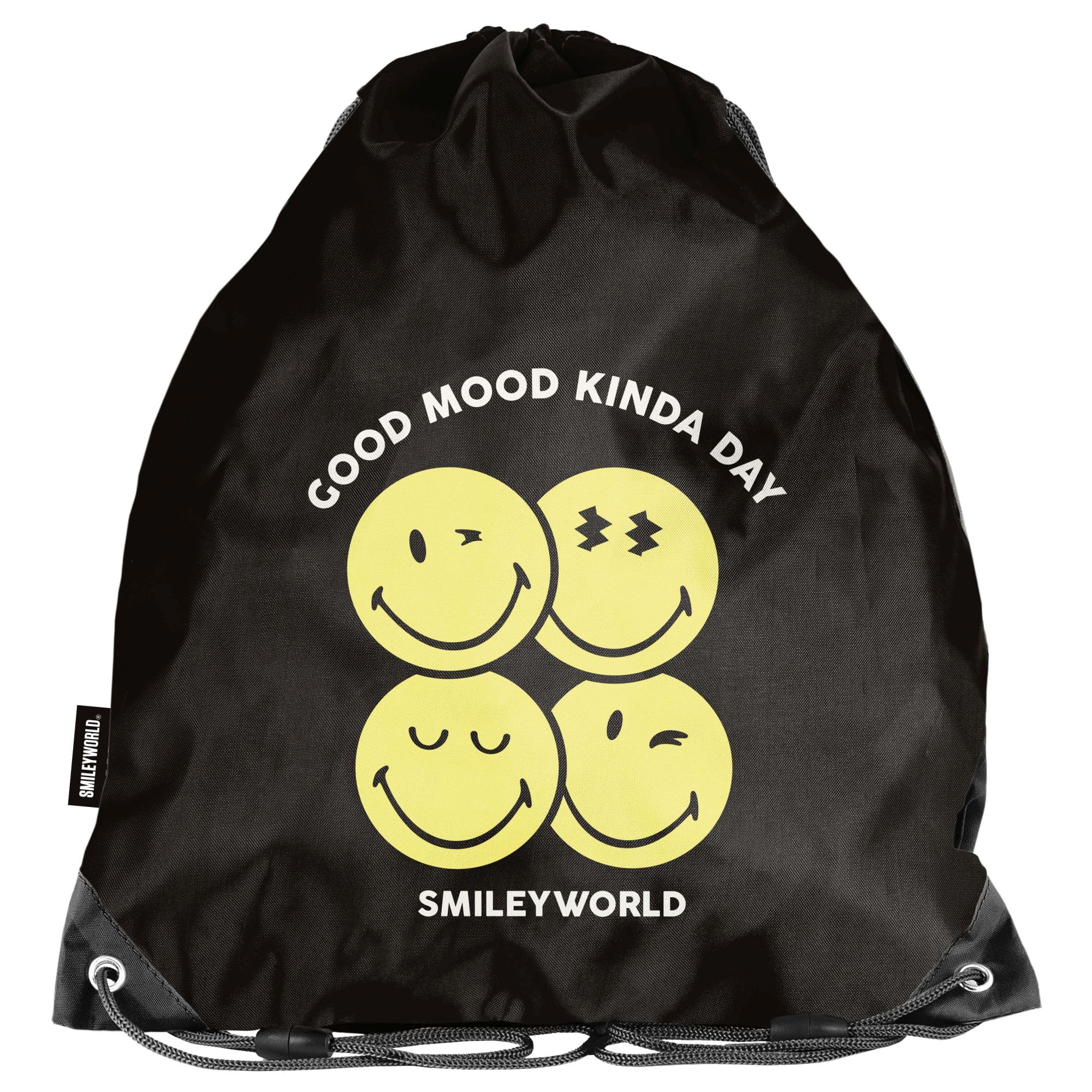 Sac De Gym Enfant PASO Smiley – 36 X 32 Cm, Noir/jaune, Cordon De Serrage, Léger Et Résistant