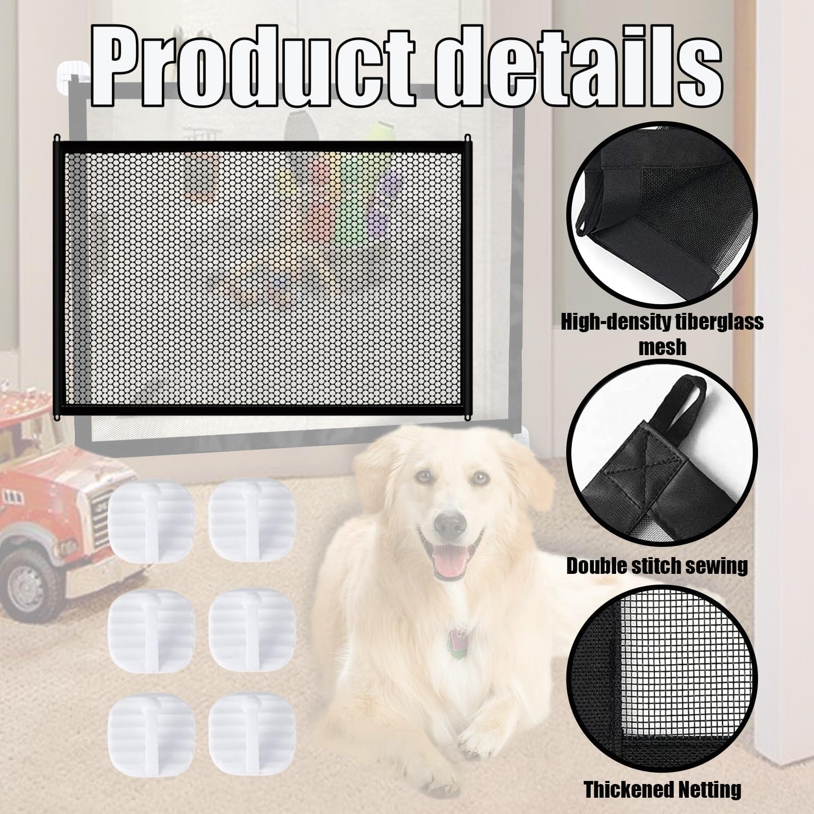 Dog Gate, 110x72cm Mesh Stair Gate for Dogs And Baby Gate Portable Indoor Dog Gates With 6 Hooks, No Drilling Installation - Image 4