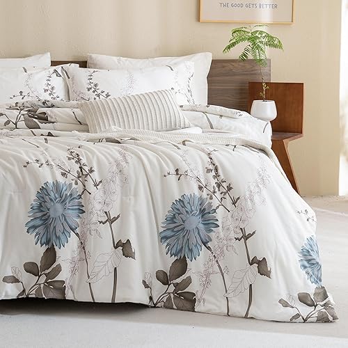 CozyTide Juego de edredón floral tamaño King, 100% algodón, 3 piezas con estampado botánico blanco y azul, lavable a máquina