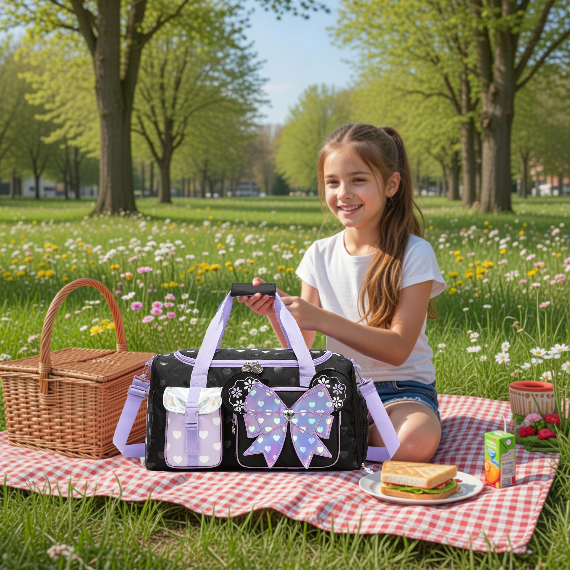 Sac de Danse & Sport Fille (Nœud) – Sac de Voyage Enfant avec Compartiment à Chaussures – Grand Sac Week-End pour Piscine & Soirée Pyjama (Violet)