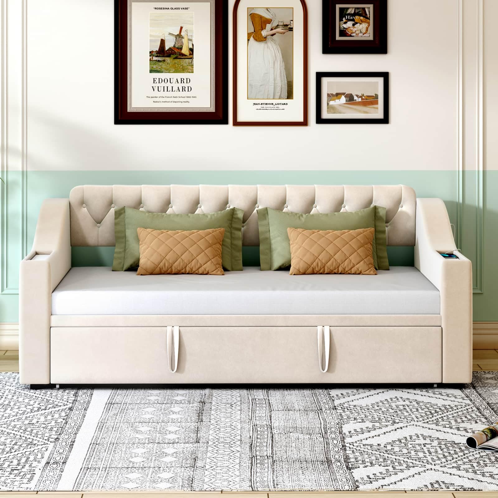 EMKK Canapé Lit Rembourré 90/180 x 190 cm, Lit Gigogne 2 Places, Multifonctionnel Compartiment de Rangement, avec USB Port de Charge, avec Sommier à Lattes, Linge, sans Matelas (Gris Clair