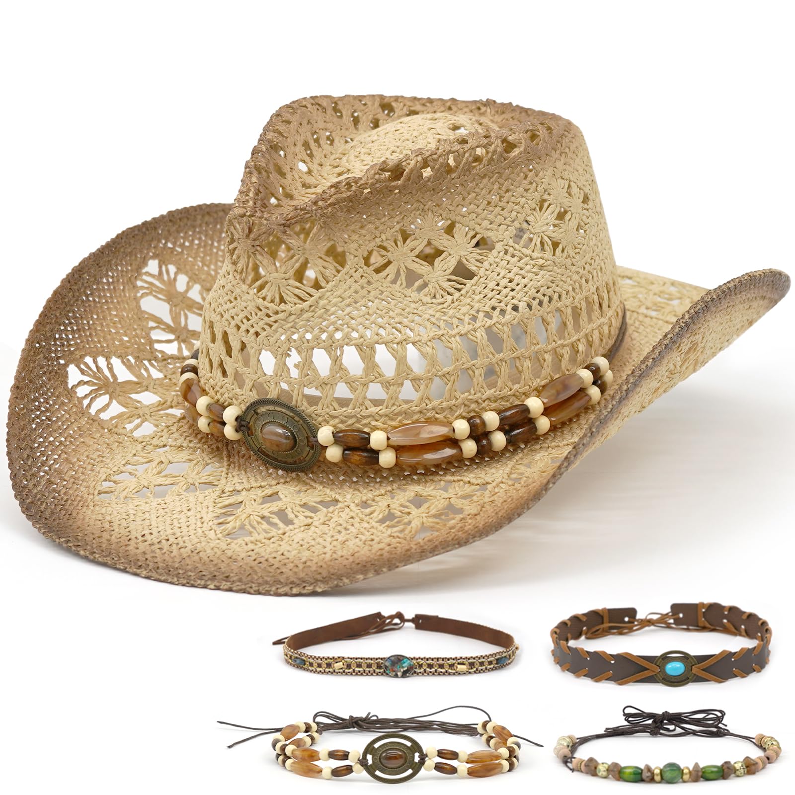GONITYOU Straw Cowboy Hats for Women & Men, Boho Wide Brim Cowgirl Hat with 4 Decorative Bands Hats for Western Outfit and Everyday Wear, Light Brown