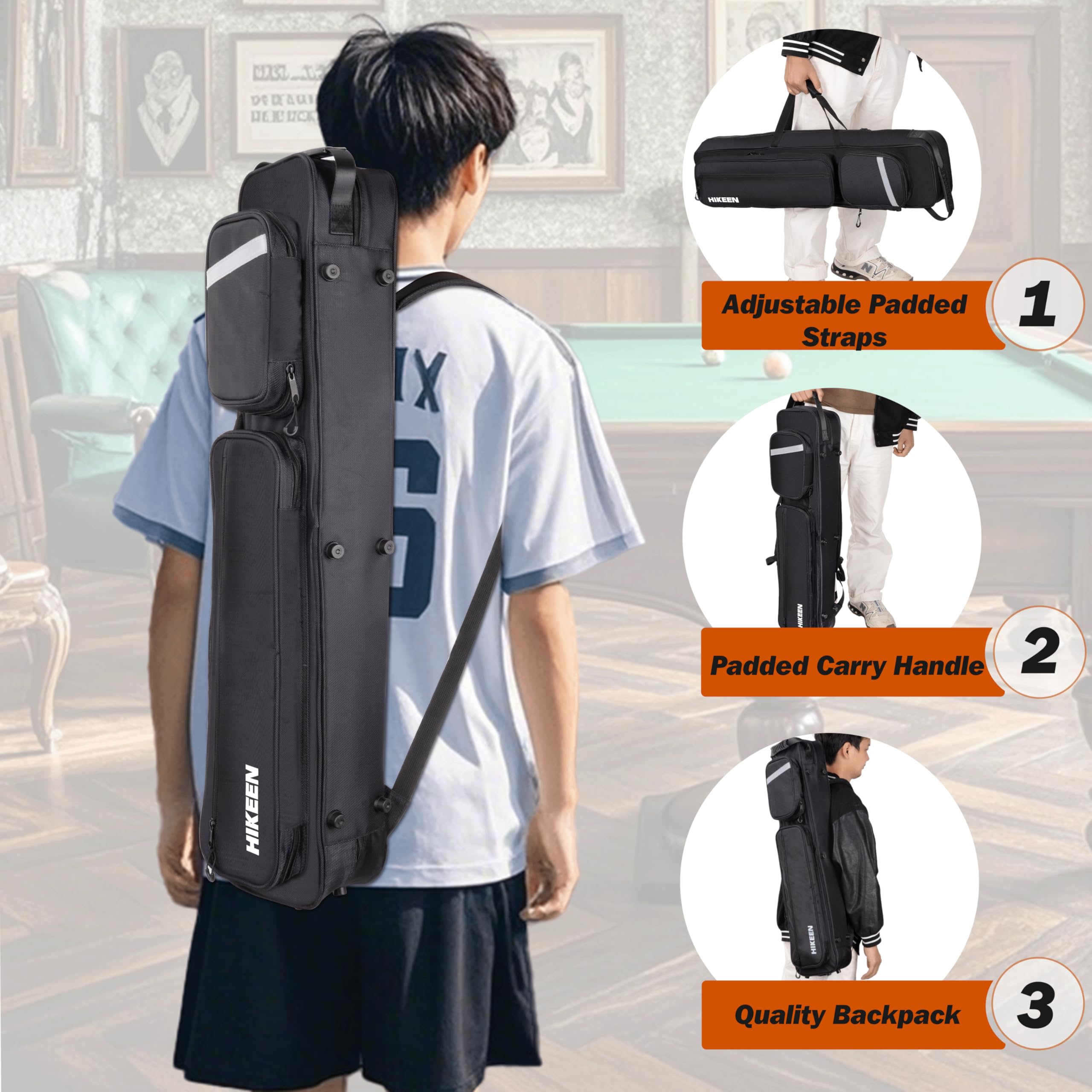 BOOSTEADY Custodia Rigida Premium per Stecche da Biliardo, Custodia per Stecche da Biliardo 4 x 4, Contiene 4 Aste + 4 Tiranti, Fodera Velluto, Porta Accessori, Spallacci Regolabili