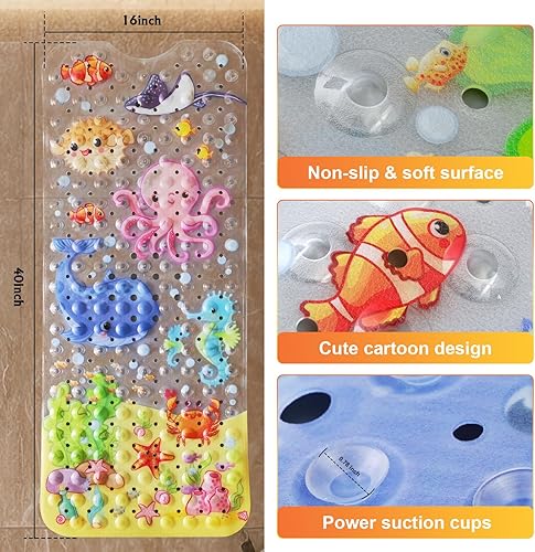 Miniatura 3 de Tapete de baño para bebé para niños, 40 x 16 pulgadas, antideslizante, con dibujos animados, con agujeros de drenaje y ventosas, lavable a máquina,