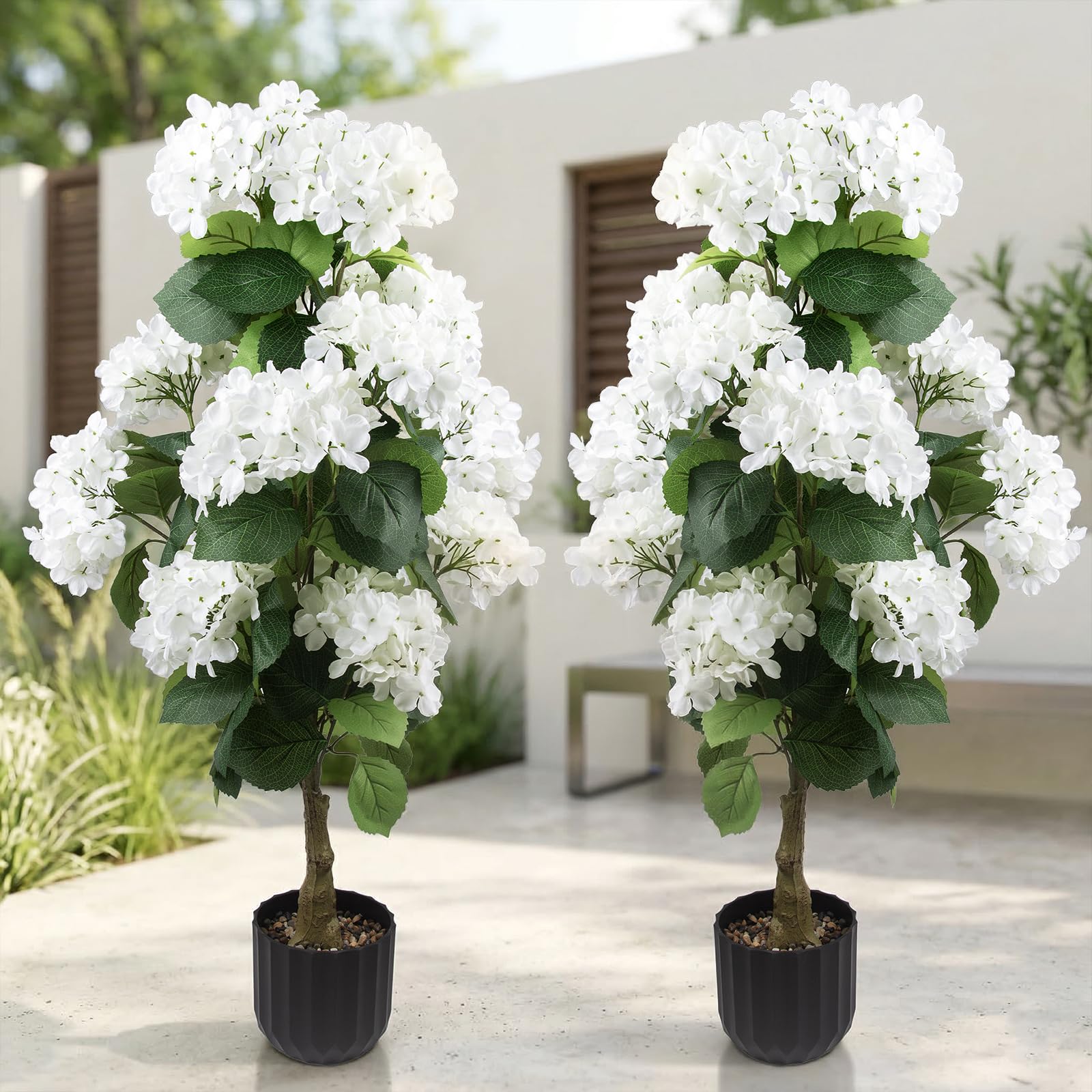 Photo 1 of 2 Pcs 3 Ft Artificial Hydrangea Trees Potted, UV Resistant Faux Silk Hydrangea Plant in Pot for Indoor Outdoor Decoration, Hydrangea Topiary for Garden Office Home Porch Patio Decor (2, White)