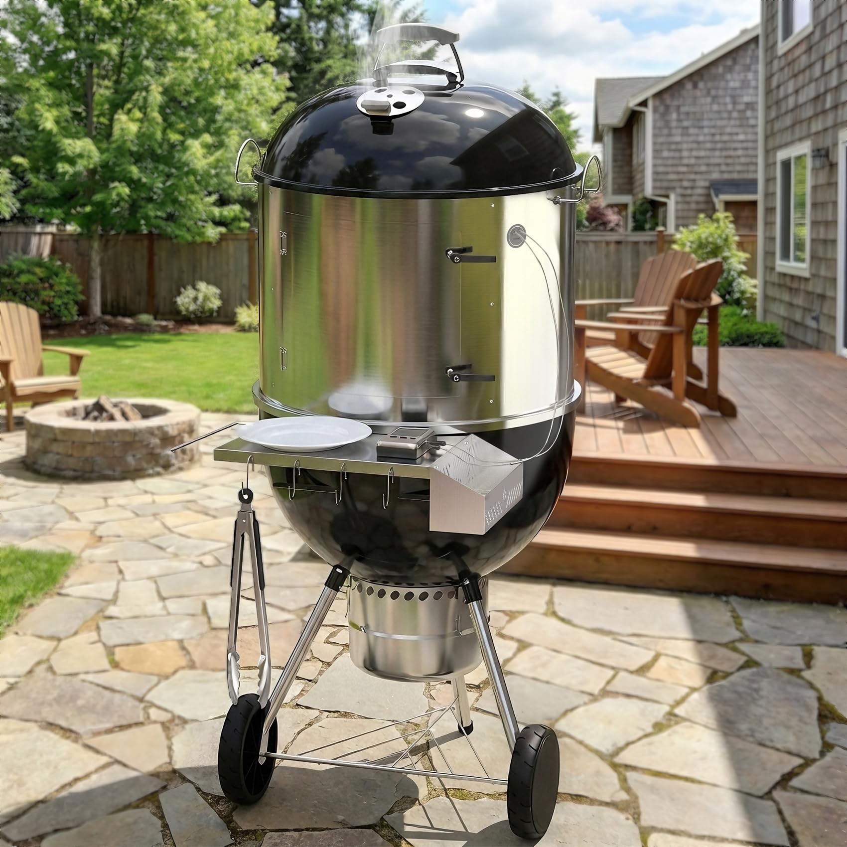 onlyfire Tablette de Table pour Barbecues, Table D'appoint en Acier Inoxydable pour Weber 57CM Grils de Charbon de Bois & Master-Touch Barbecue à Charbon, avec Support Porte Sopalin et 4 Crochets