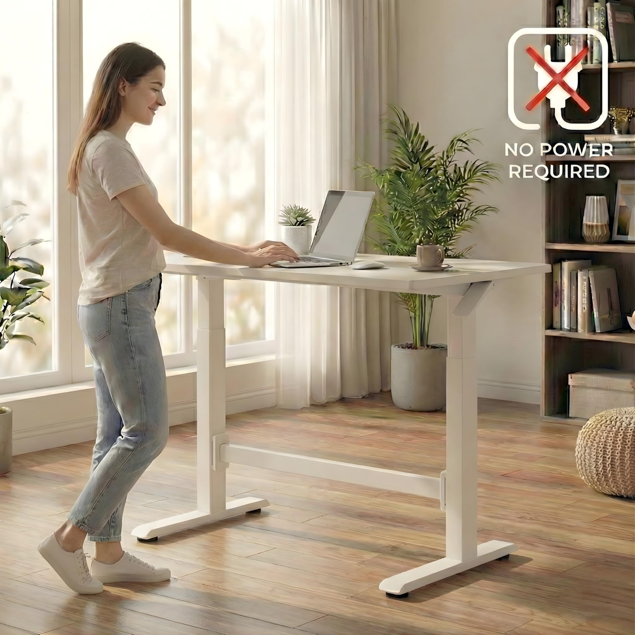 Spacetronik Höhenverstellbarer Schreibtisch Manuell 80x50 cm | Gasfeder Pneumatisch, Sitz-Steh-Tisch ohne Strom, Mobiler Laptoptisch mit Rollen, Stehpult 70-115 cm, Weiß