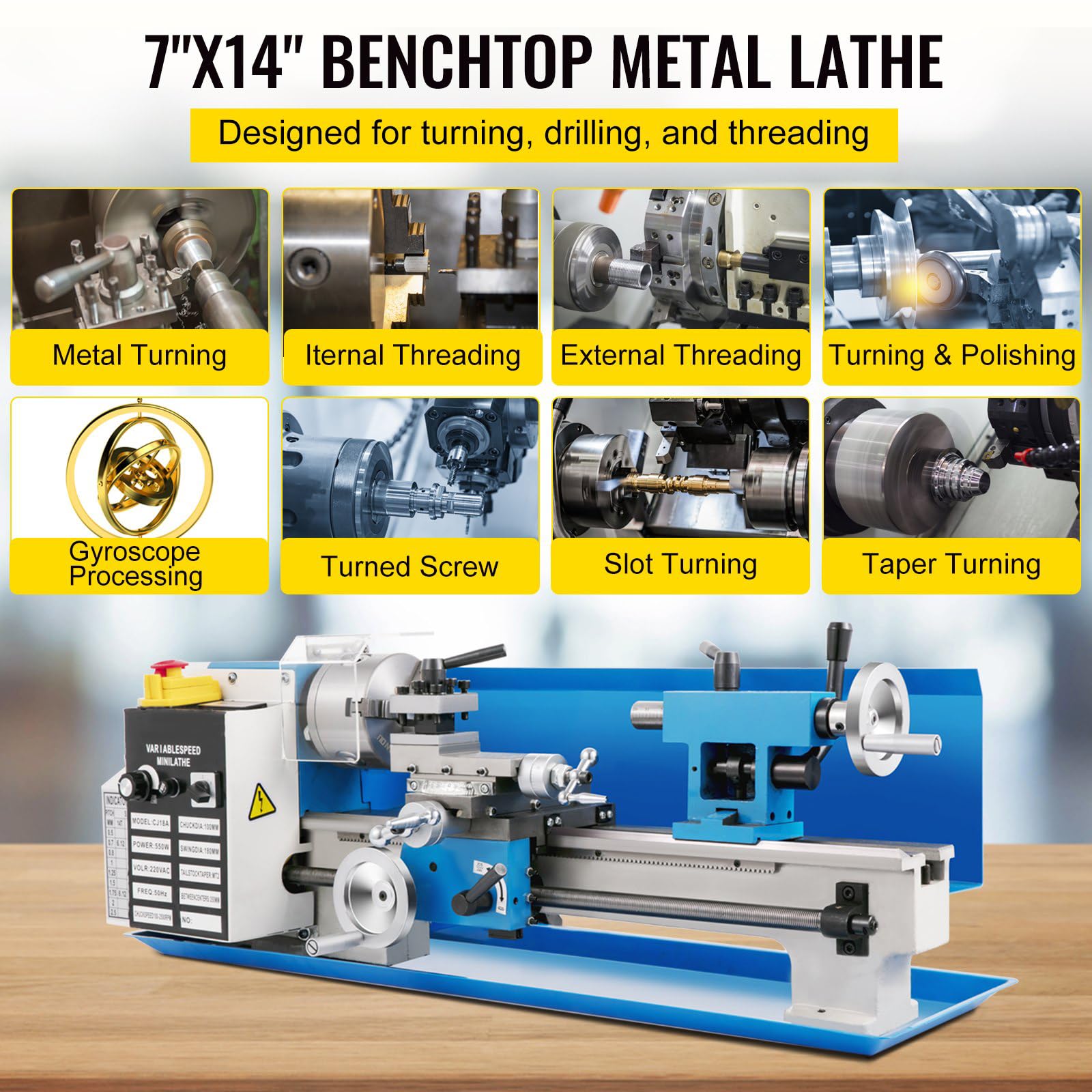 550W Mini Torno Paralelo de Metal 180x350mm de Alta Precisión con Portabrocas de 3 Mordazas y Velocidad de Husillo 50-2500 rpm para Roscado, Torneado y Taladrado (Engrane Metálico)