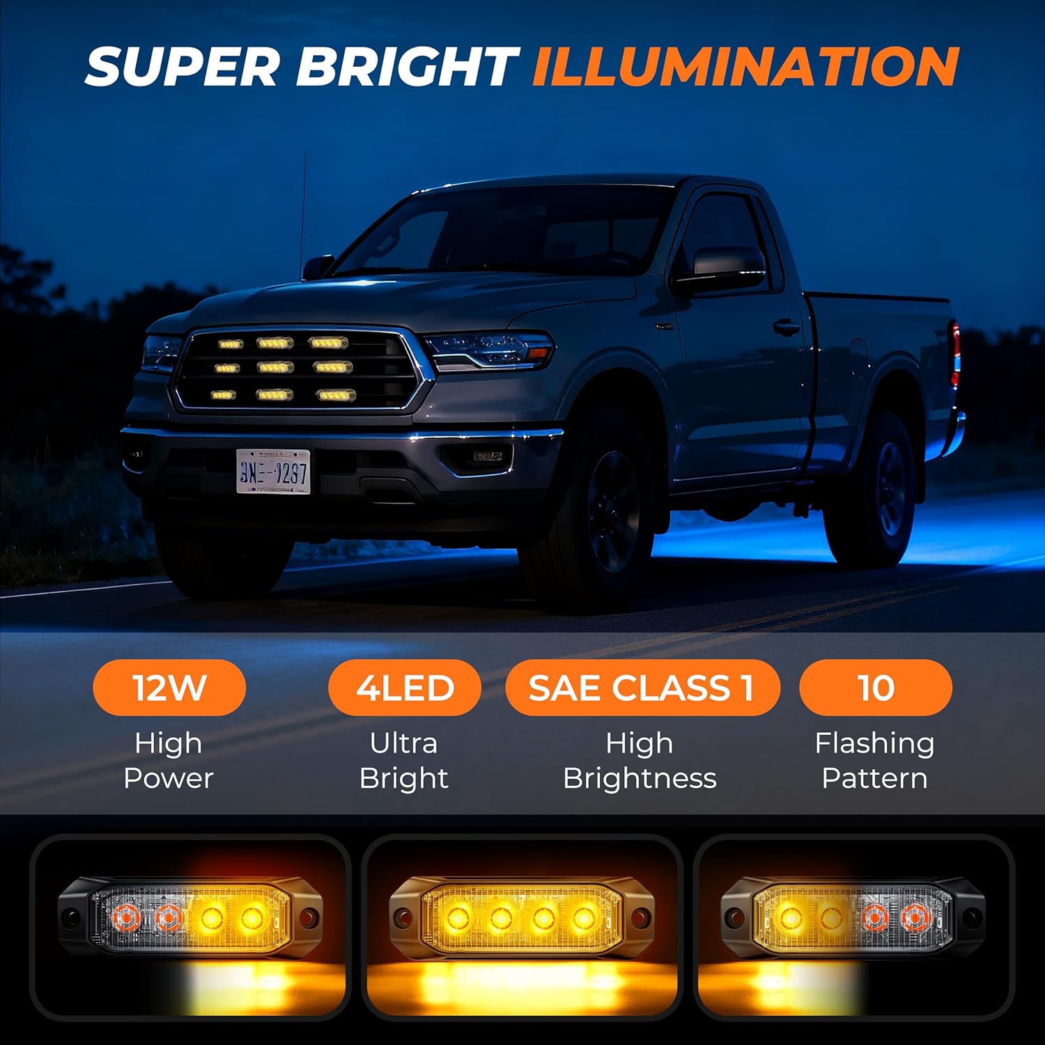Amber Surface Mount Strobe Lights for Trucks,2026 Updated [SAE Class 1] Warning Lights with Alternating & Sync Modes, IP67 Waterproof Safety Emergency Strobe Lights for Vehicle/Car (2PCS)