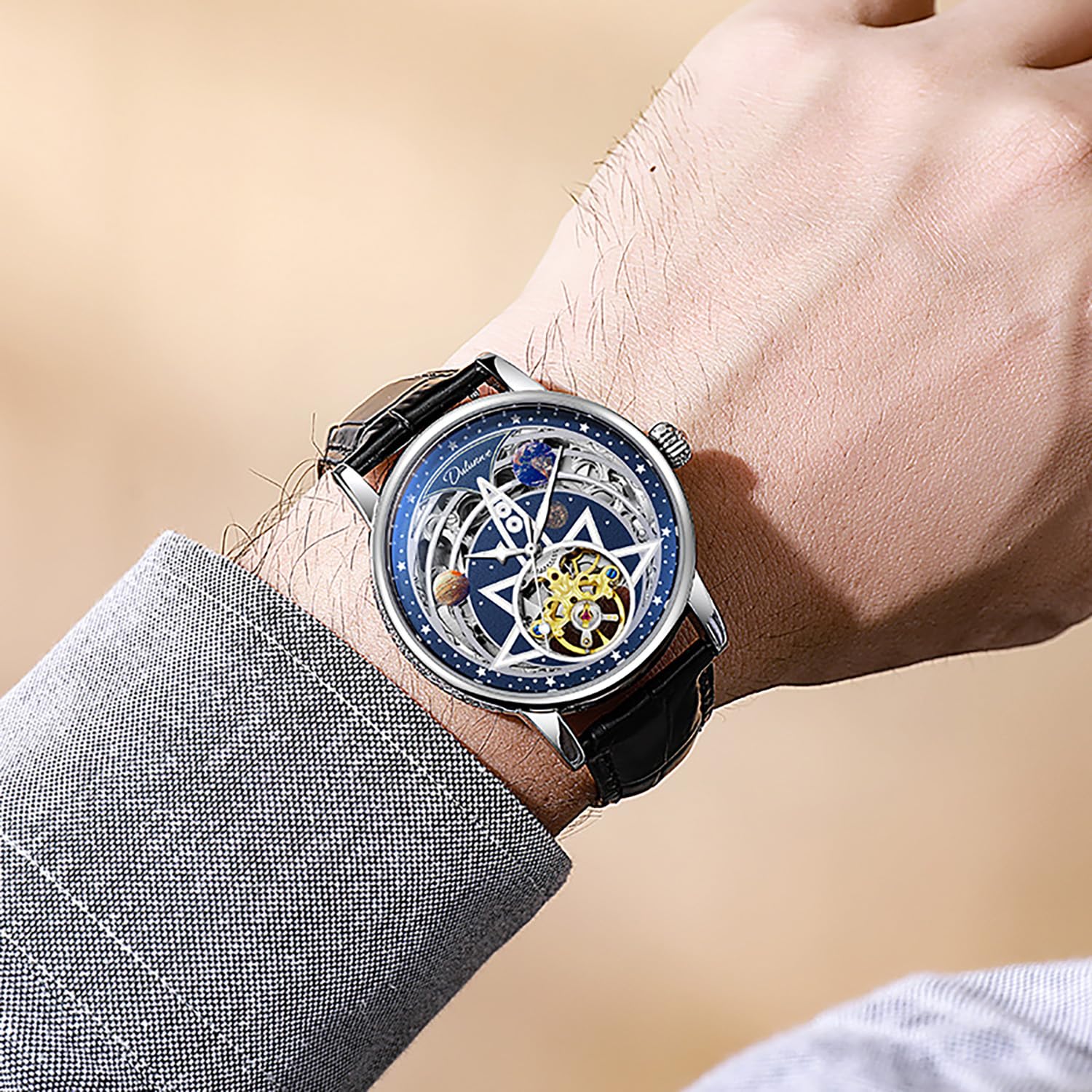 BESTKANG Orologio da polso da uomo, automatico, meccanico, scheletro, in pelle, impermeabile 3 AT