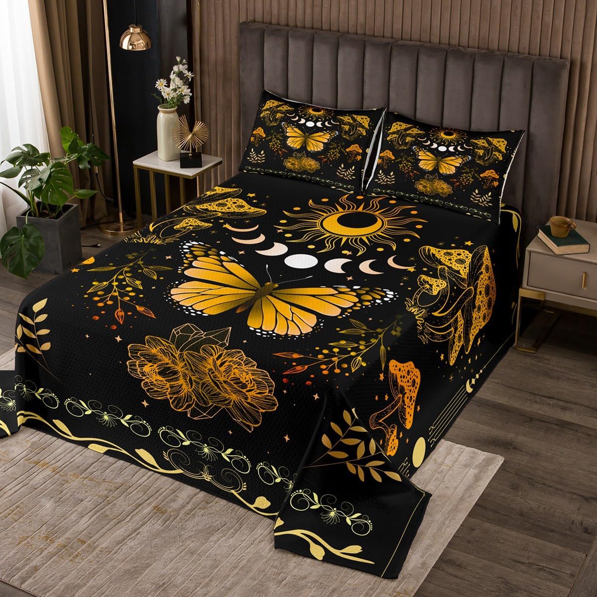 Erosebridal Mushroom Quilt Set King, Butterfly Bedspread Set, Sun Moon Mooth Coverlet Set, Gothic Floral Abstract Leaves Yellow Orange Ombre Bedroom Decor Bed Set for Kids Adults