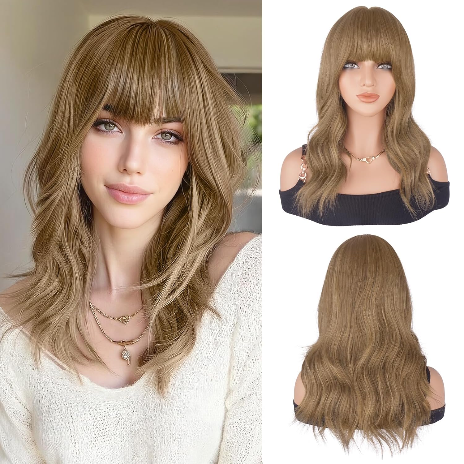 Haloo Brown Wigs with Bangs - 19 Inch Natural Wavy Synthetic Heat Resistant Medium Length Hair Wigs for Women Daily Party, Light Brown Mixed Blonde